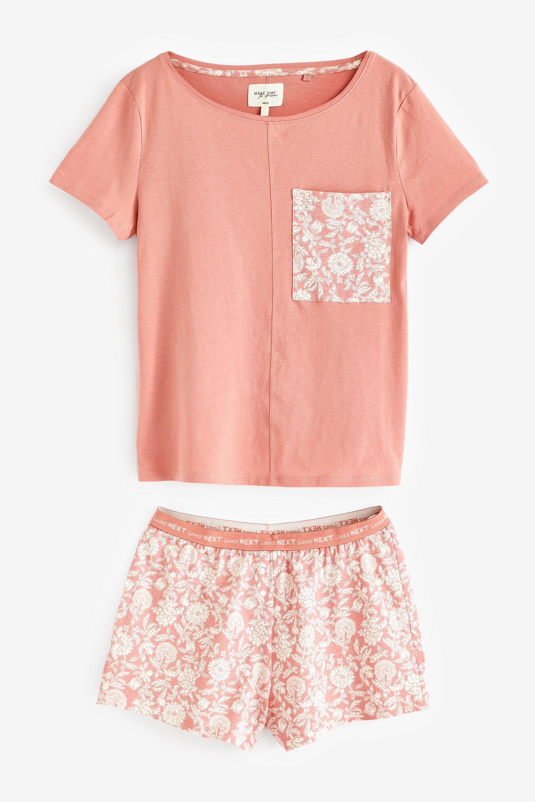 tlg) Coral Pink Schlafanzug Pyjama im Floral Next aus Set Baumwolle (2 Kurzer