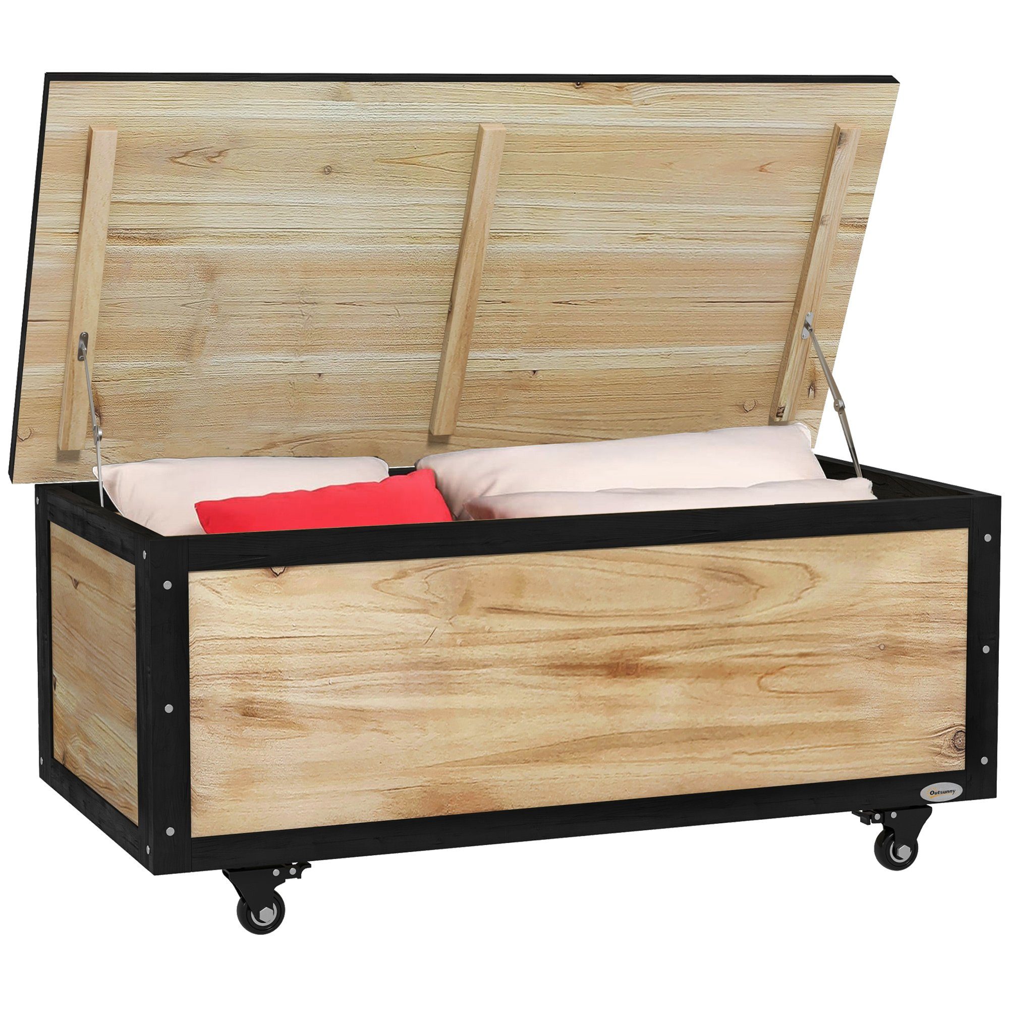 Outsunny Gartenbox 121L, aus Holz, Gartenbox, Auflagenbox mit Rollen (Aufbewahrungsbox, 1 St., Aufbewahrungskiste), für Balkon, Terrasse, Natur