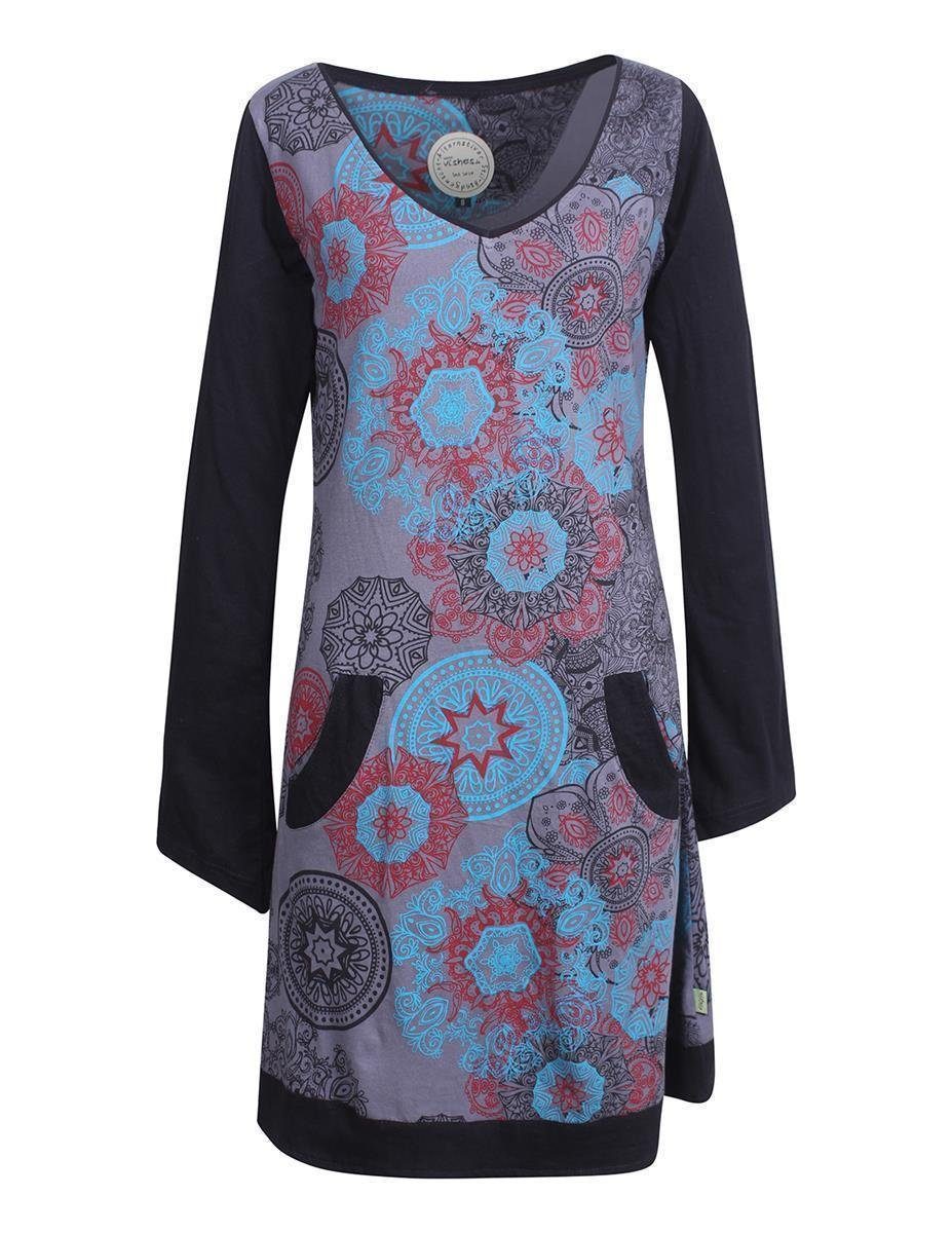 V-Ausschnitt Jerseykleid Mandalas Langarm grau Long Kleid Hippie-Kleid Shirt, Vishes Lagen-Look