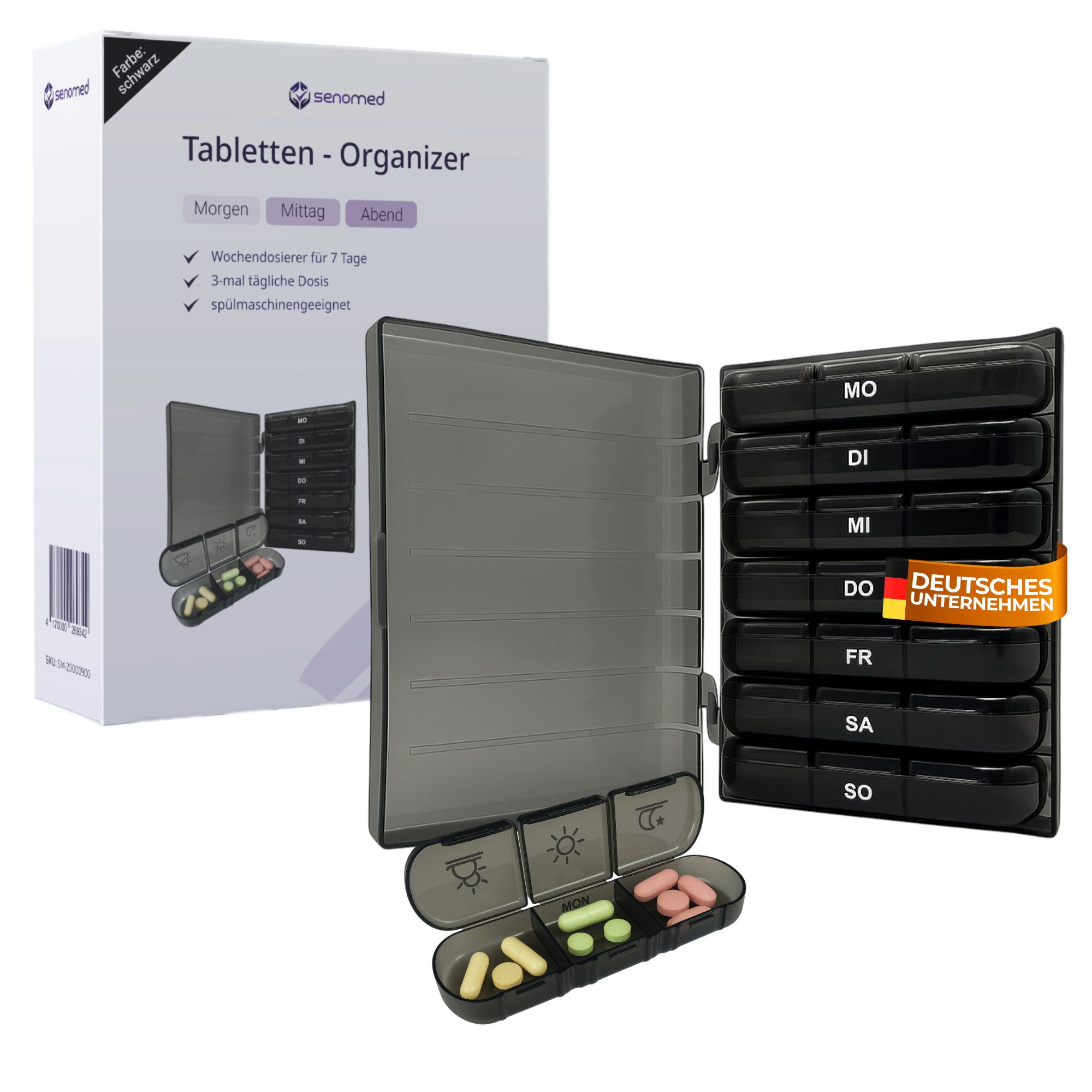 Senomed Pillendose Tablettenbox mit 3 Fächern pro Tag – Wochendosierer schwarz (1 St), Spülmaschinengeeignet bis 50 °C