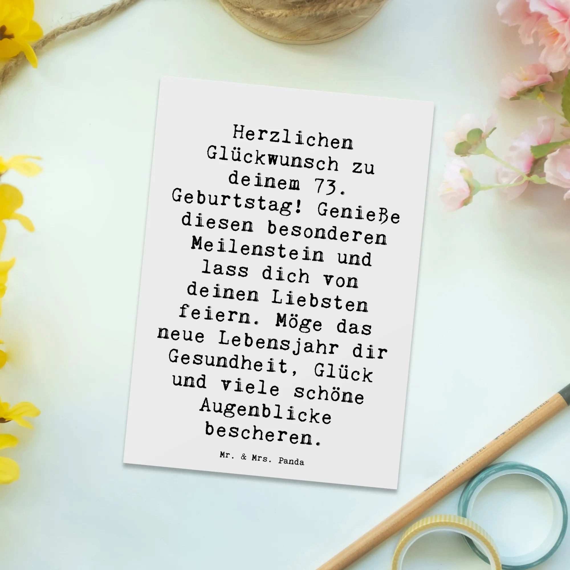 Thumbnail - Mr. & Mrs. Panda Postkarte Spruch 73. Geburtstag Meilenstein - Weiß - Geschenk, Herzlichen Glück, Glücksmomente teilen