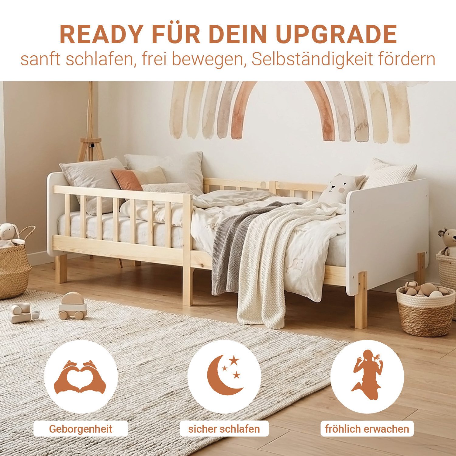 Homestyle4u Kinderbett 90x200 Holzbett Einzelbett Rausfallschutz Gestell Kinderzimmer (Komplett-Set mit Lattenrost, Matratze mit OEKO-TEX® Standard 100), Weiß/Natur