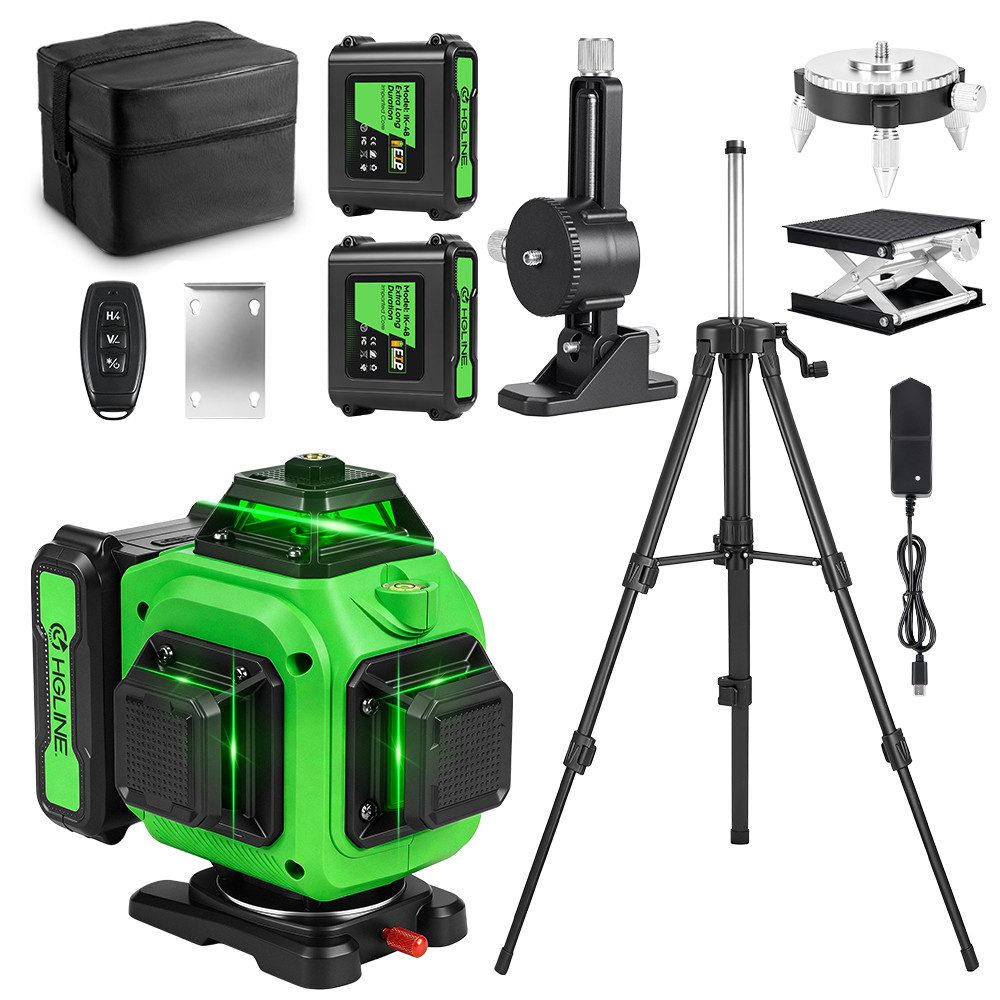 HGLINE Laserwasserwaage 4D 16 Linien Lasernivellier, 360° selbstnivellierend mit Stativ, mit 2×4800mAh Akkus und IP54 Schutz