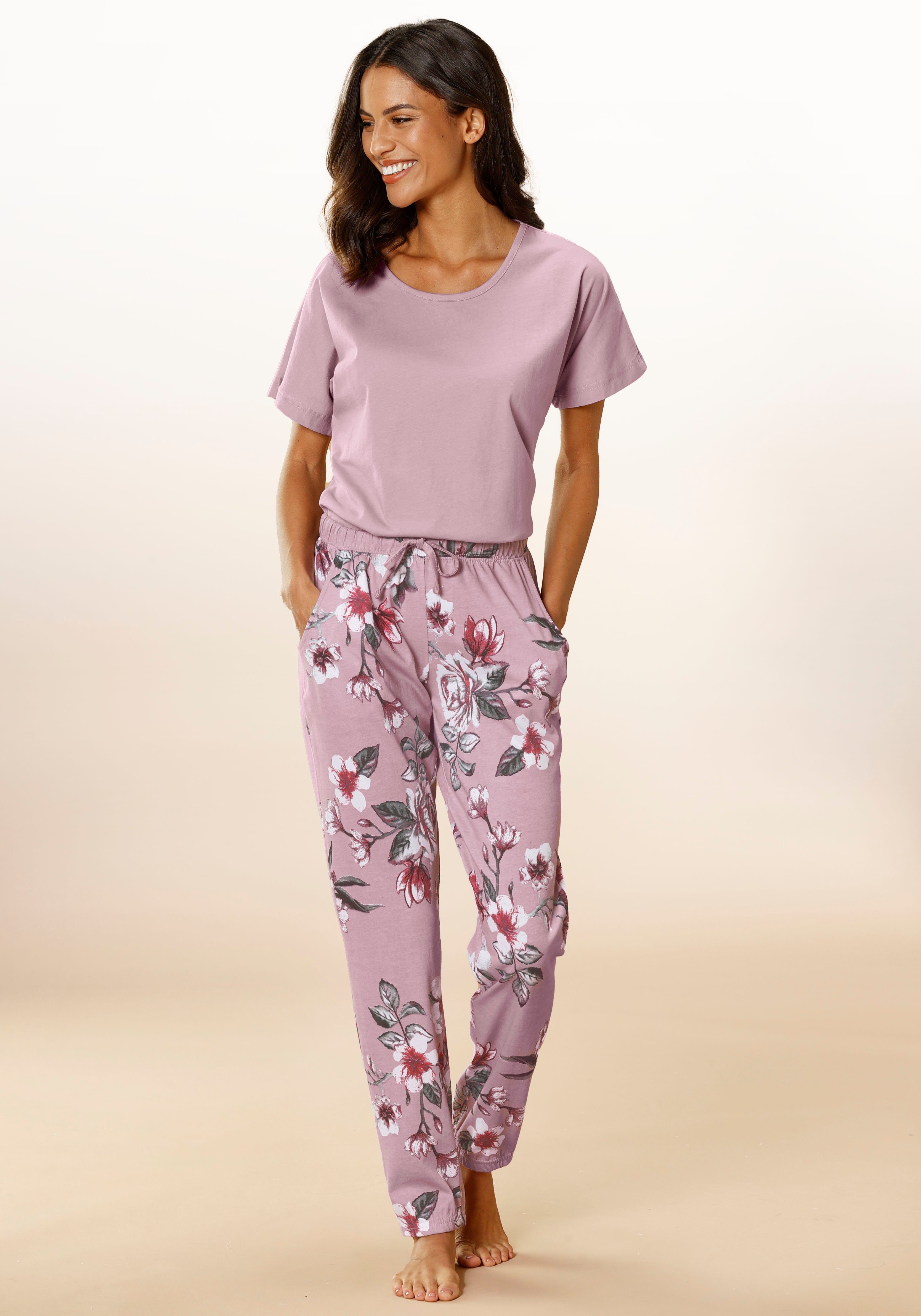 Vivance Dreams Pyjama (2 tlg., 1 Stück) mit Hortensienmuster, Unifarbenes  T-Shirt mit angeschnittenen Ärmeln und Rundhalsausschnitt