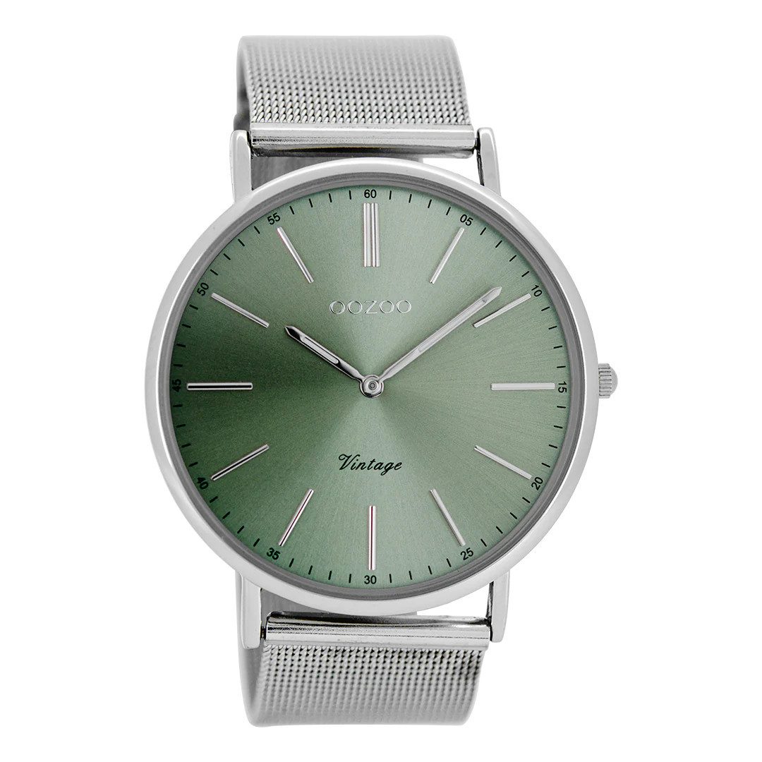 OOZOO Quarzuhr Vintage Herrenuhr C8175 – Silberfarbenes Gehäuse & Meshband, C8175, Grünes Zifferblatt, 44 mm