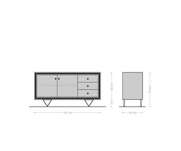 DELIFE Sideboard Stonegrace, Akazie Braun 3D 150 cm 2 Türen 3 Schubladen V-Fuß Schwarz