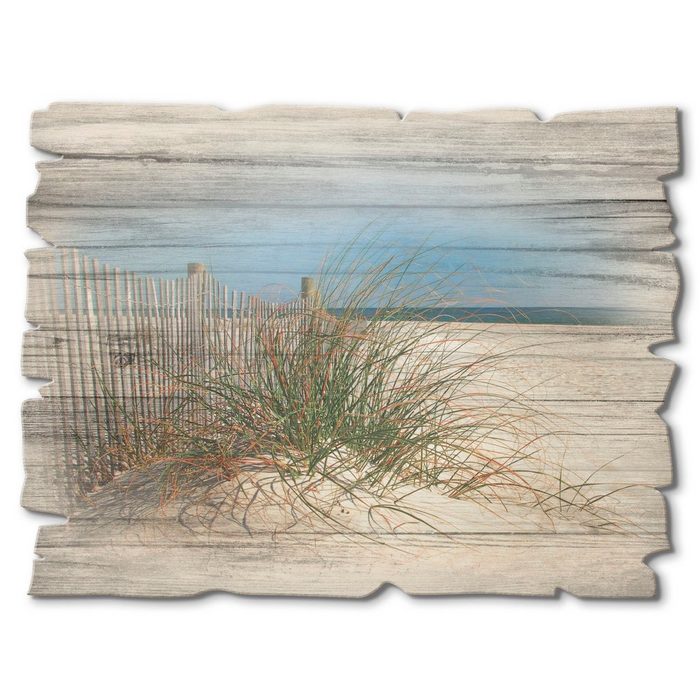 Artland Holzbild Schöne Sanddüne mit Gräsern und Zaun Strand (1 St)