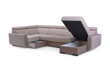 Furnix Wohnlandschaft Polstersofa in U-Form IMPERISIO-U mit Schlaffunktion 2x Bettkasten, verstellbare Kopfstützen, Duo-Optik Eco-Leder/Stoff, 389x85x188 cm