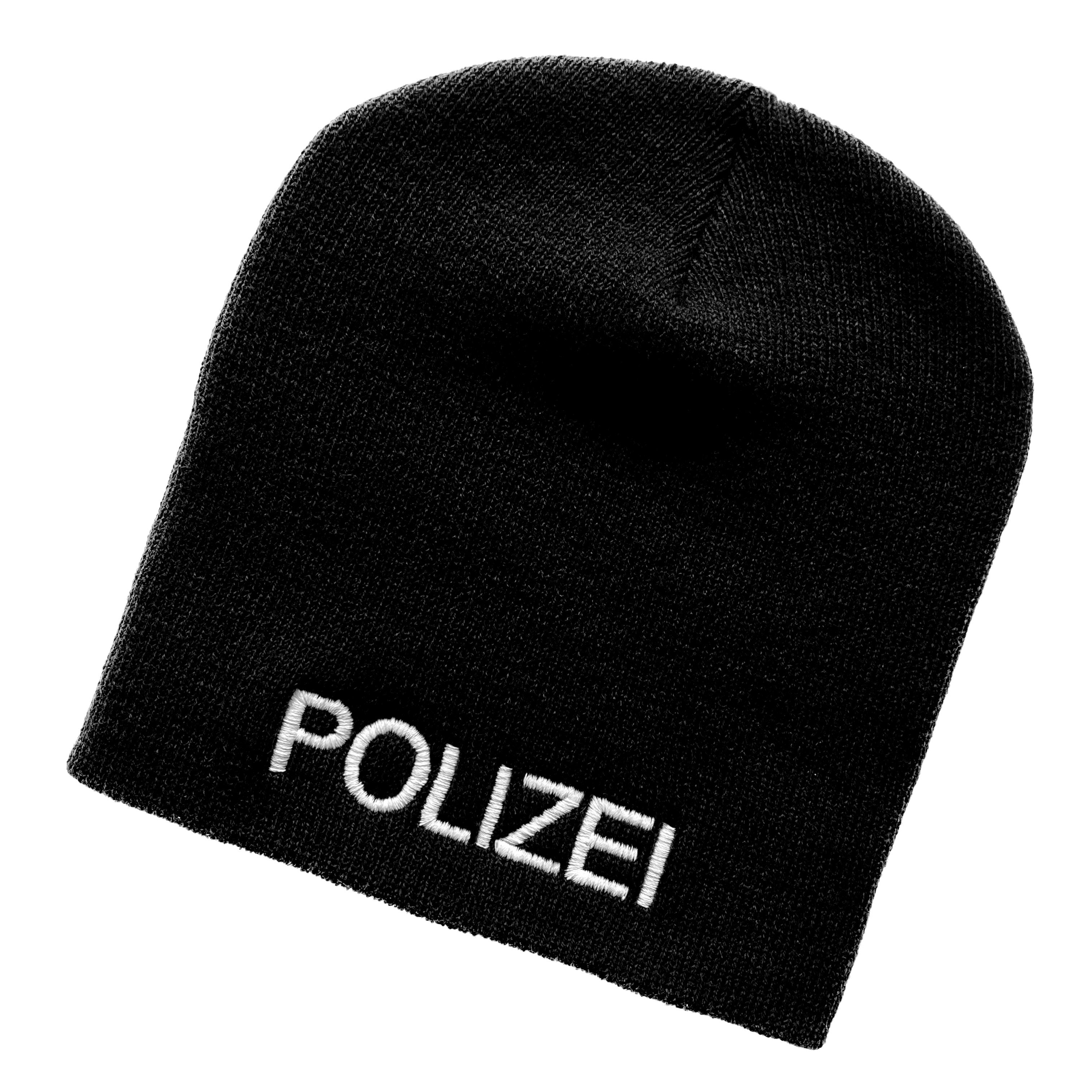 Schnoschi Strickmütze Strickmütze ohne Umschlag (Beanie Mütze) mit Polizei bestickt ohne Umschlag schwarz