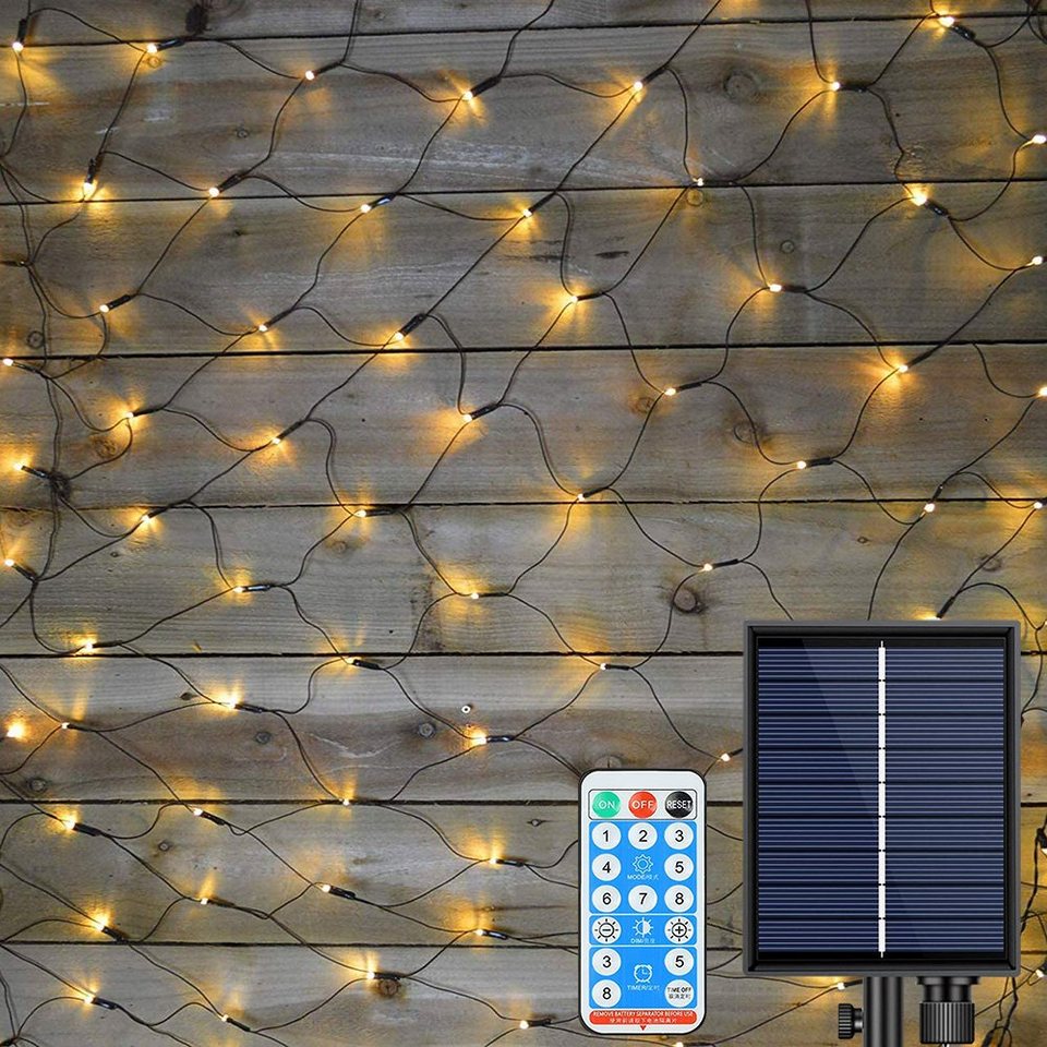 Sunicol LED Solarleuchte 1.5x1.5M / 3x2M, Solar LED String Light,  wasserdicht, 8 Modi, dimmbare, Warmes Weiß, Weiß, Multicolor, Blau, mit  Fernbedienung