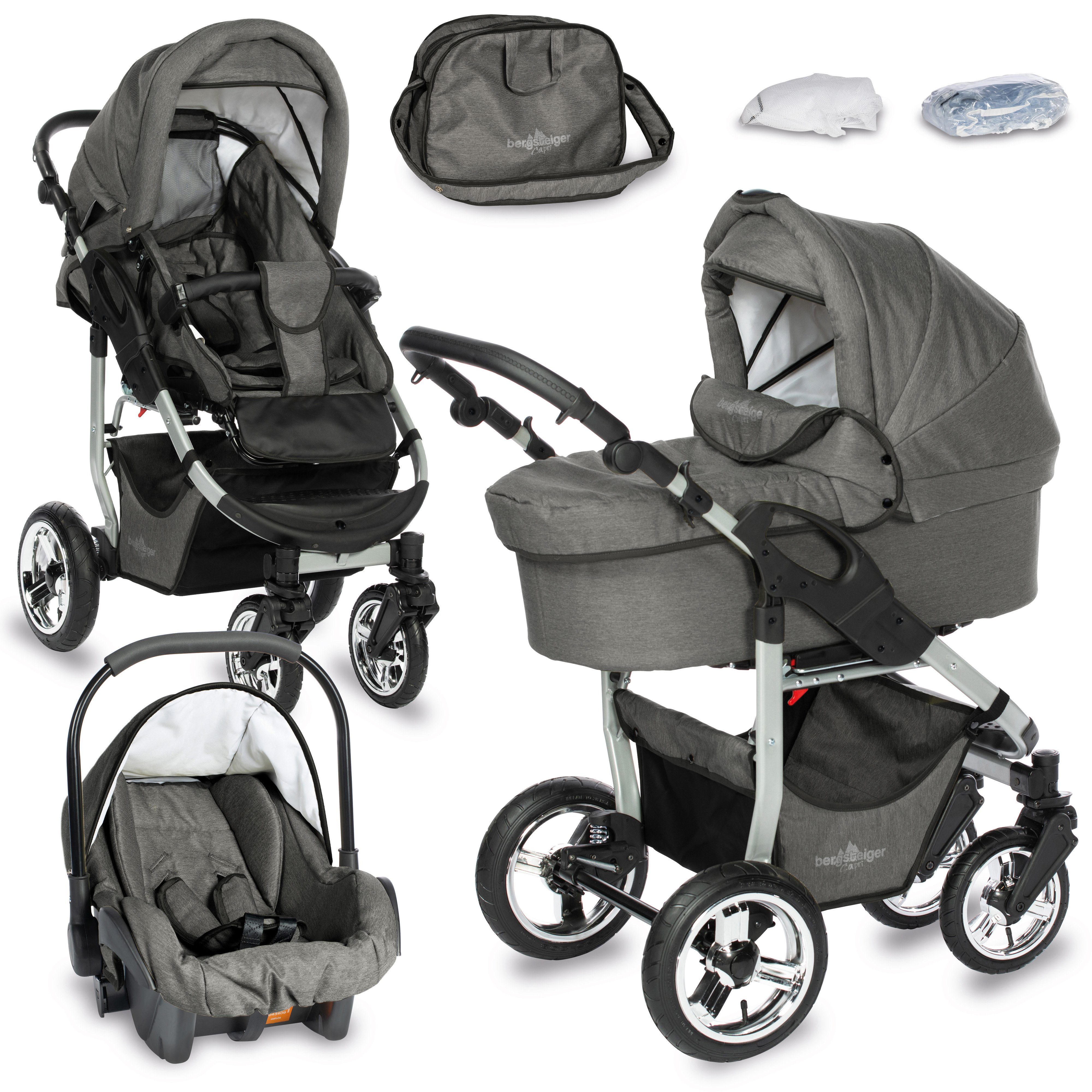 bergsteiger Kombi-Kinderwagen Babywagen Capri 3in1, Kombikinderwagen Komplettset inkl. Zubehör - Babyschale, Buggy-Aufsatz, Sonnenschutz & Wetterfußsack, Federleichtes Gewicht, (10-tlg)