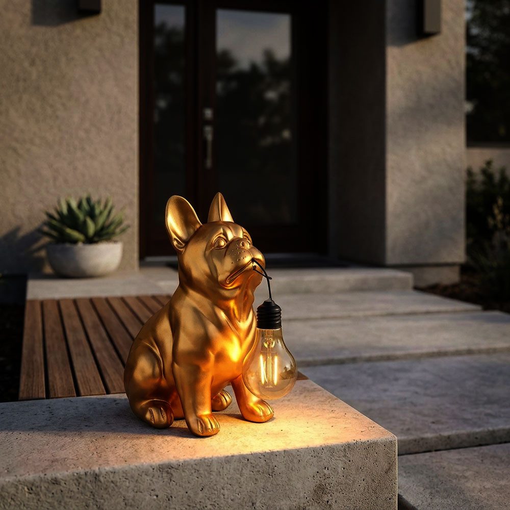 GLOBO LIGHTING LED Solarleuchte, LED-Leuchtmittel fest verbaut, Warmweiß, LED Solarleuchte Solarlampe Außenleuchte goldfarben matt Hund H 23,5cm