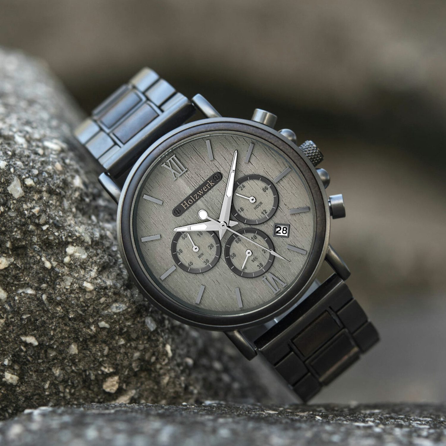 Holzwerk Chronograph Herren Designer Edelstahl & Holz Armband Uhr mit Datum, (inklusive Armbandkürzer), Holz Unikate, ideal auch als Geschenk, Quarzuhrwerk