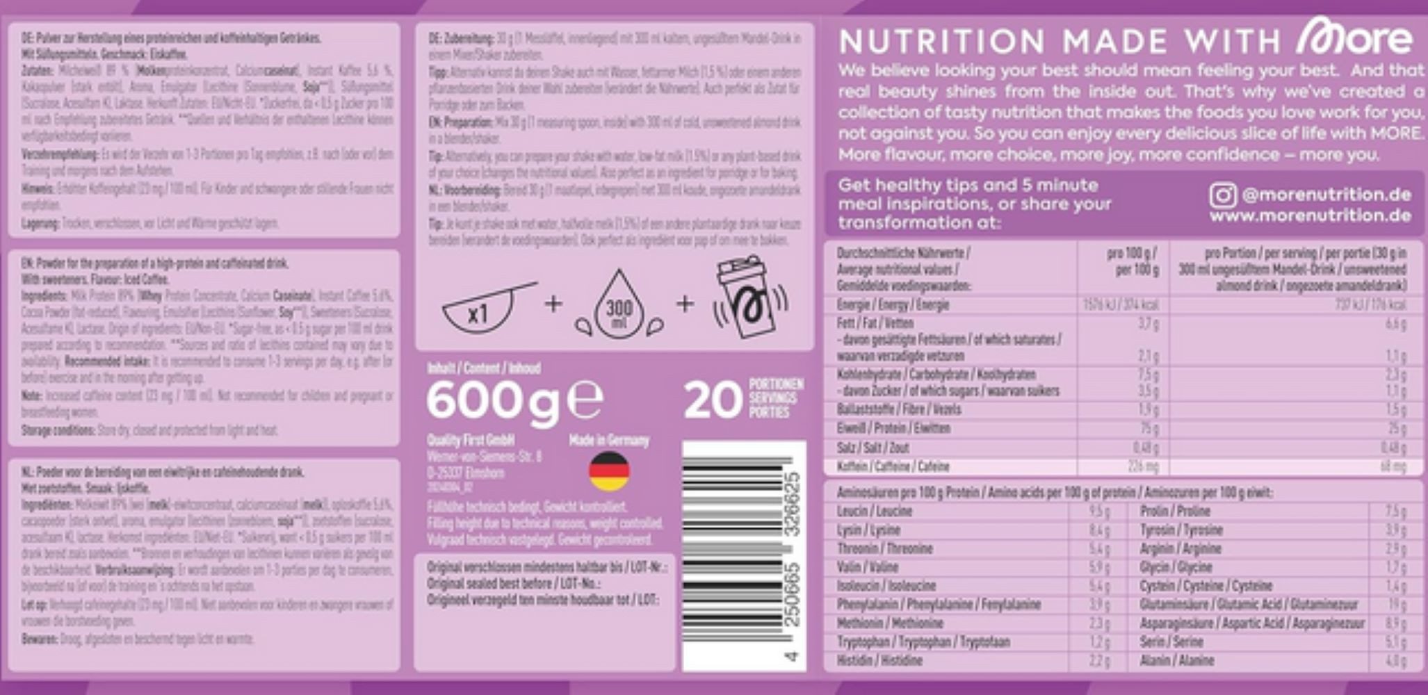 More Nutrition More Protein Iced Coffee, 500g Pulver, Proteinmischung: Whey und Casein