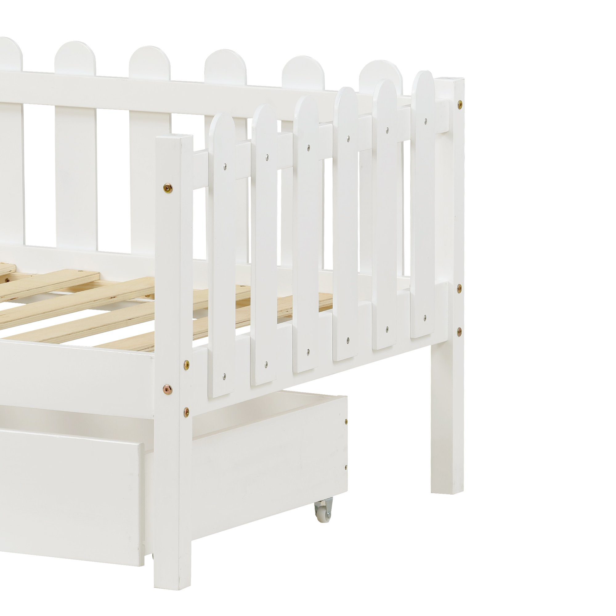 Daybett (1 tlg), Einzelbett Tagesbett Kinderbett mit Rausfallschutz, 2 MDF Schubladen und Lattenrost, Kiefernholz, Bett 200x90cm
