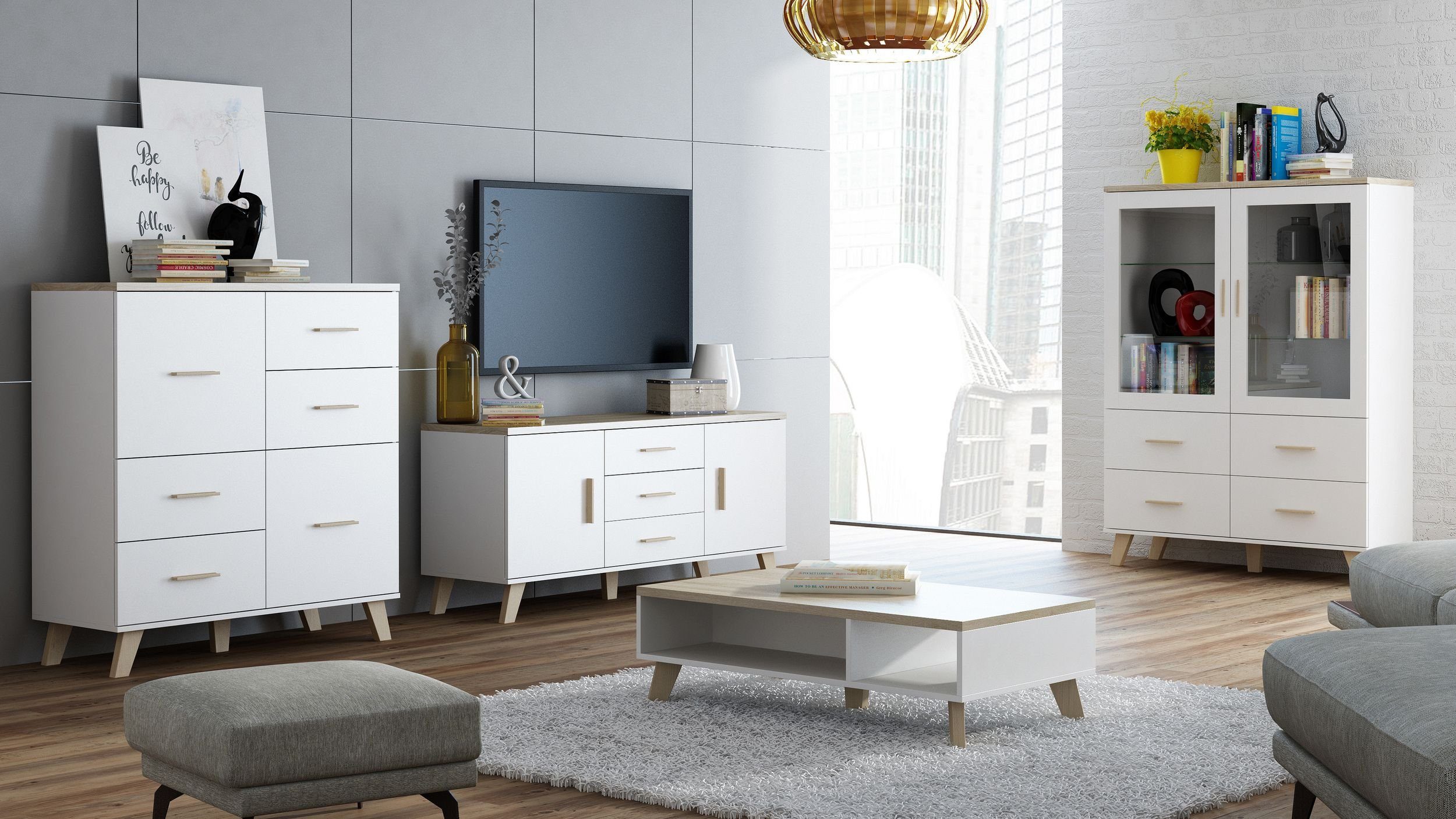 Weiß Wohnmöbel), 1xCouchtisch Modern und aus 1xStandvitrine, (Set bestehend Sonoma Wohnwand Eiche, Design Latta Glaselemente, (4-St), Stylefy 2xKommode,