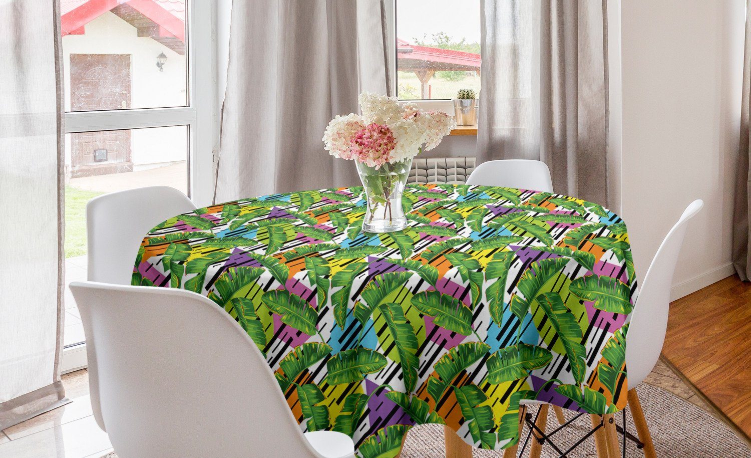Abakuhaus Tischdecke Kreis Tischdecke Abdeckung für Esszimmer Küche Dekoration, Tropisch Bunte Formen und Blätter