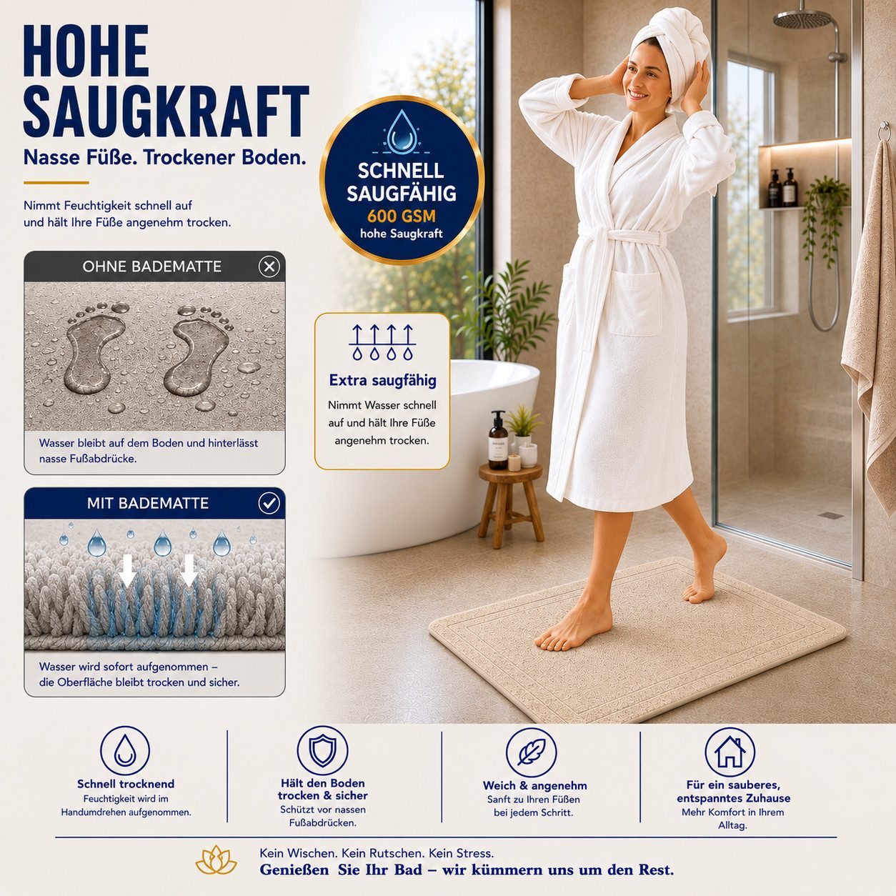 Komfortec Badematte 2er Badetuch Set aus 100% Baumwolle 50x70 cm Extra Weich & Saugstark, Rechteckig, 600 g/m² – Bild 2 von 5