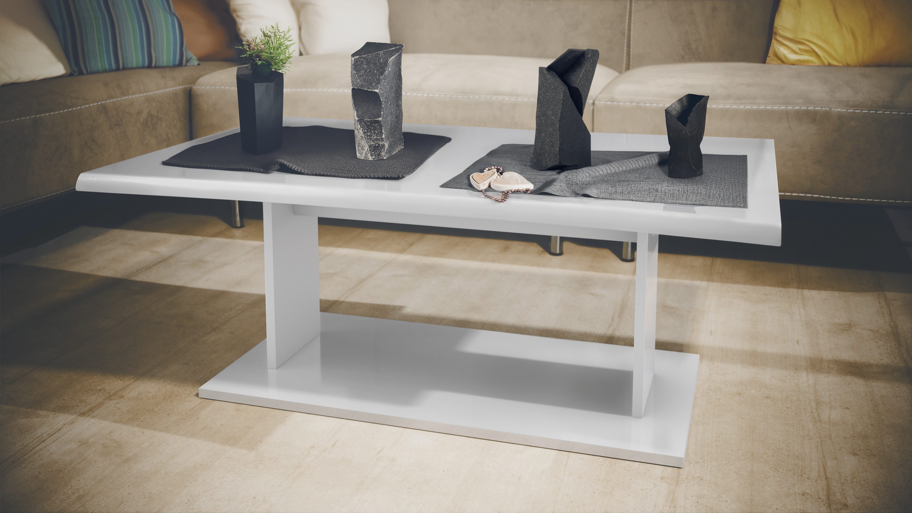 Vladon Couchtisch Melo (Wohnzimmertisch, mit Ablageboden), Weiß Hochglanz/Weiß Hochglanz (102 x 40 x 67,5)
