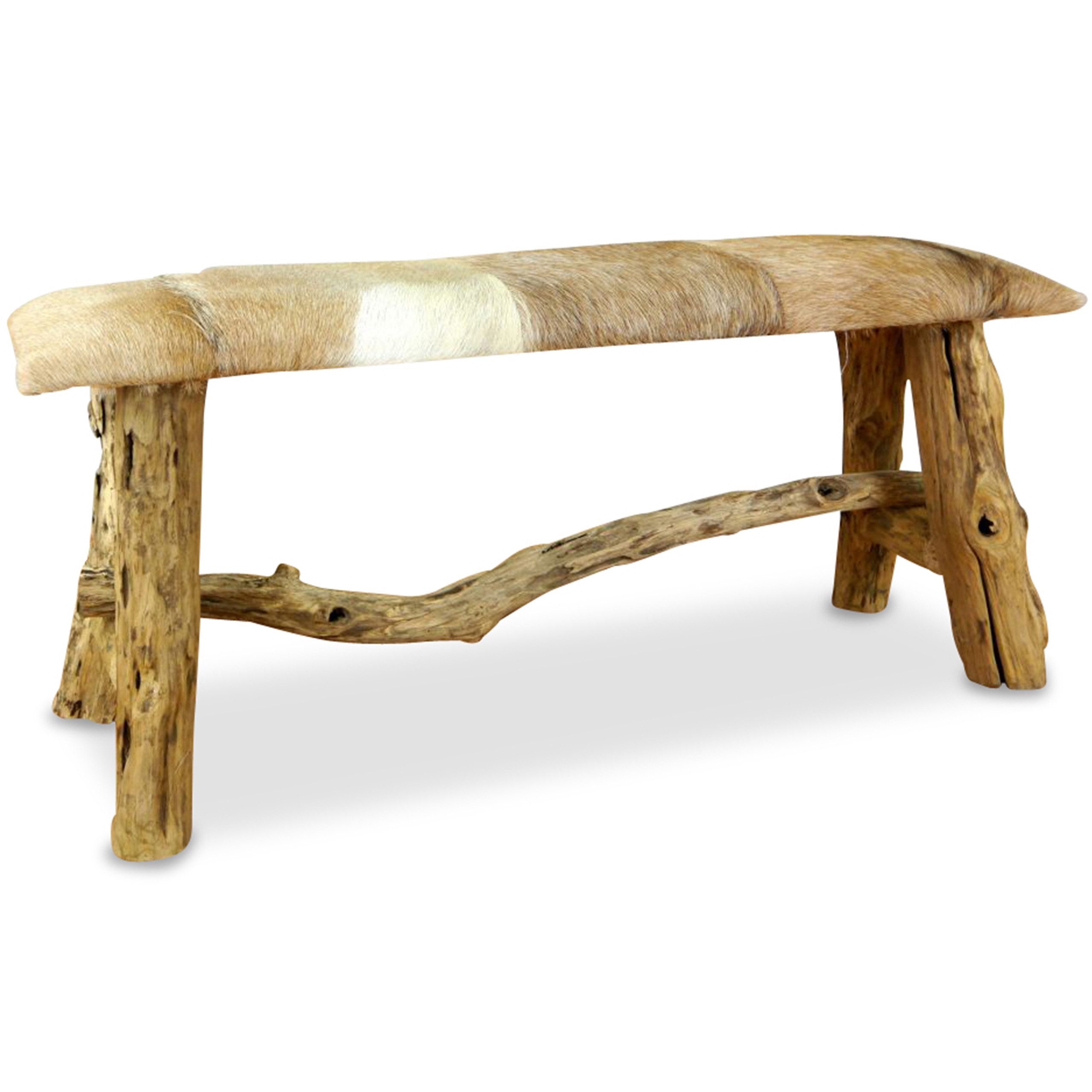 livasia Essbank Ziegenfell - 100x27x42cm - Leder und Massivholz Sitzbank aus Java, handgefertigt