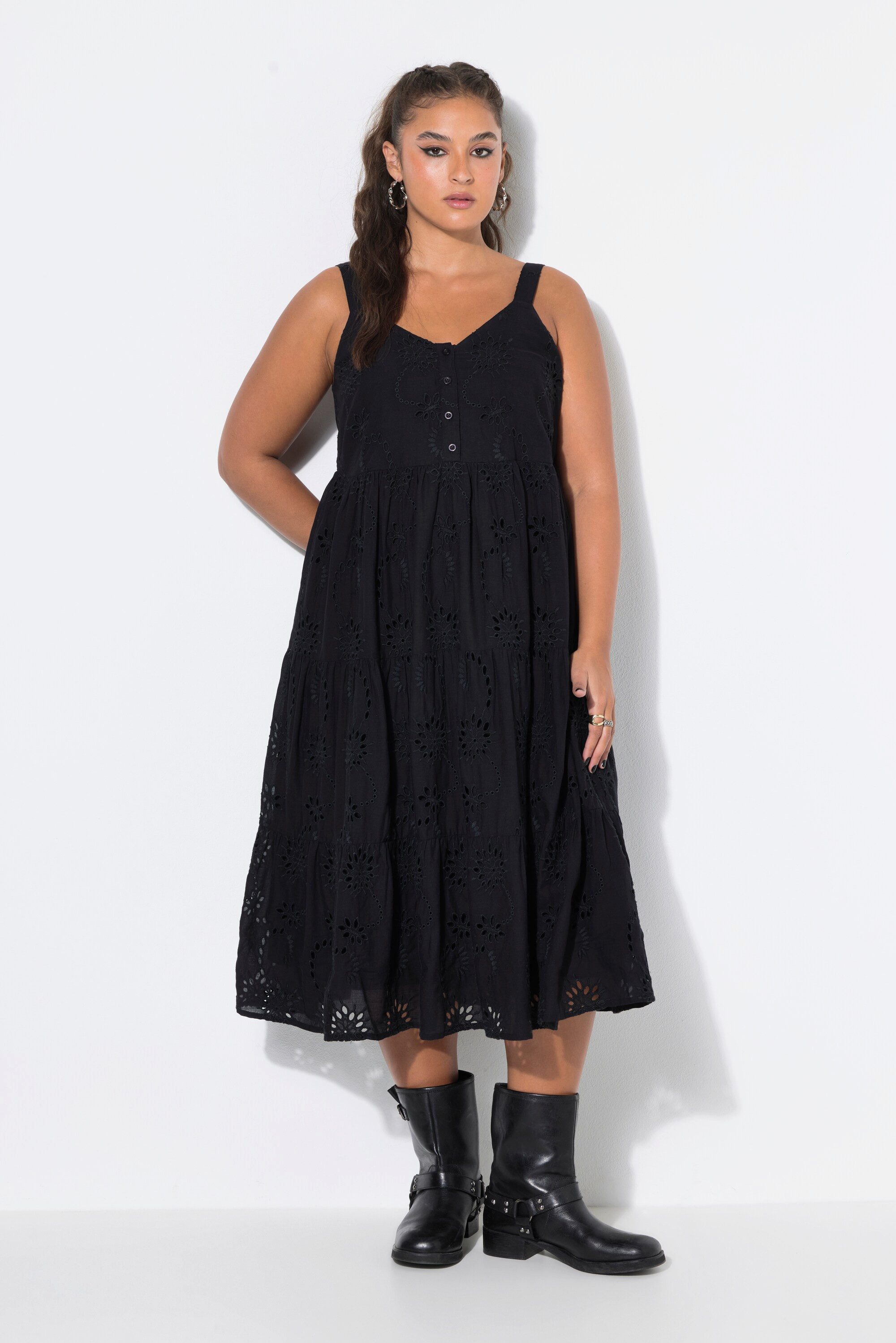 Studio Untold Midikleid Midi-Trägerkleid A-Linie Lochstickerei Volants