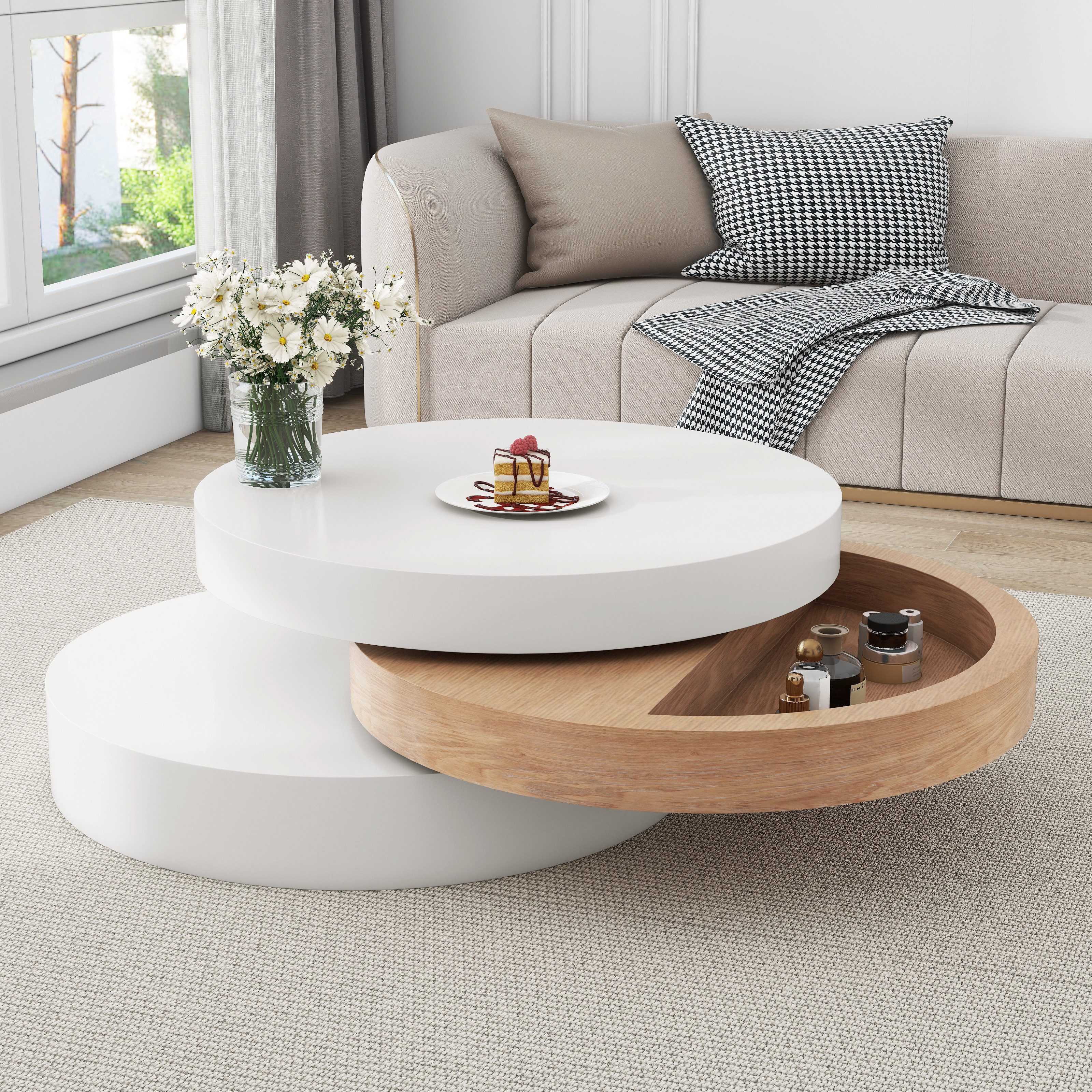 KLAM HOME Couchtisch Drehbarer Couchtisch mit 3 Ablageflächen (360° drehbare Tischplatte & praktischer Stauraum), 60x60x35 cm, 30 kg Tragkraft, Modernes Weidenholz-Design