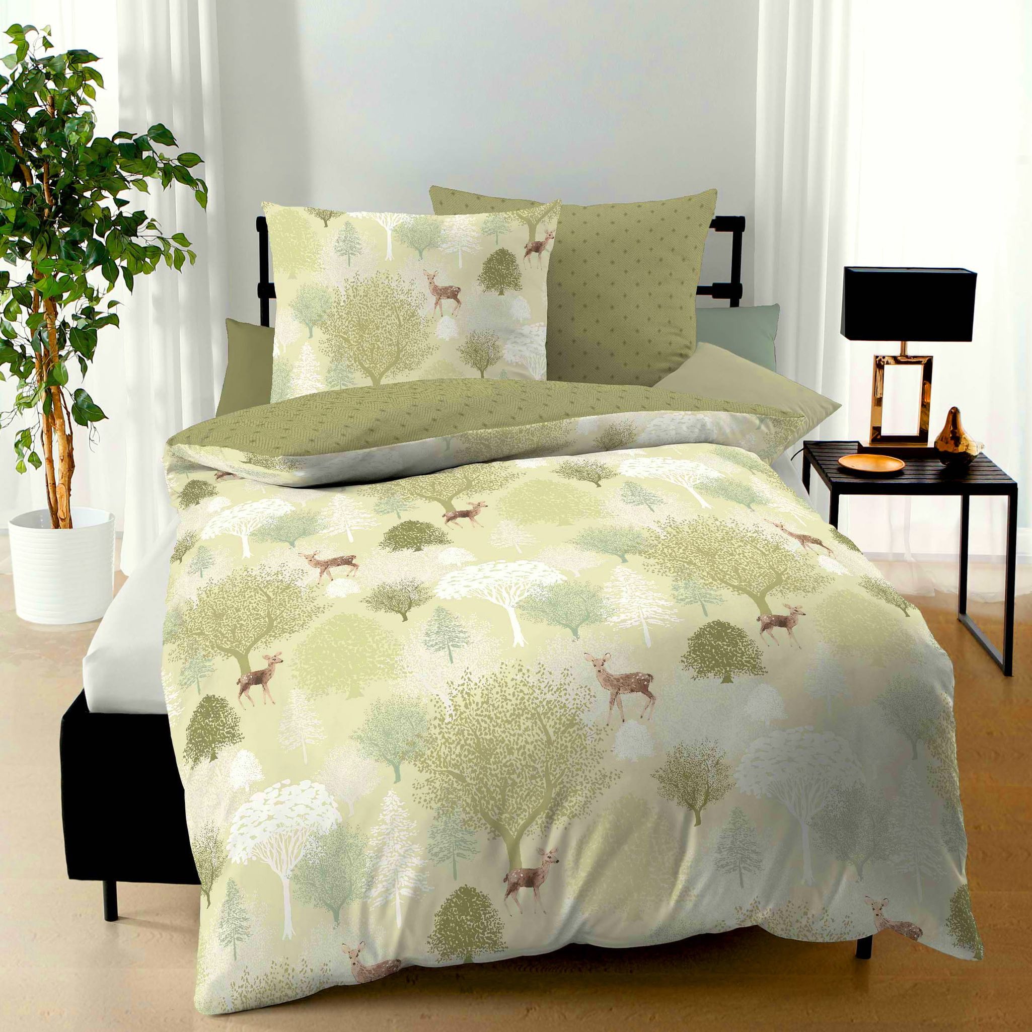 Kaeppel Wendebettwäsche 135x200cm Autumn Spring Rehe Hellgrün, Biber, 2 tei günstig online kaufen