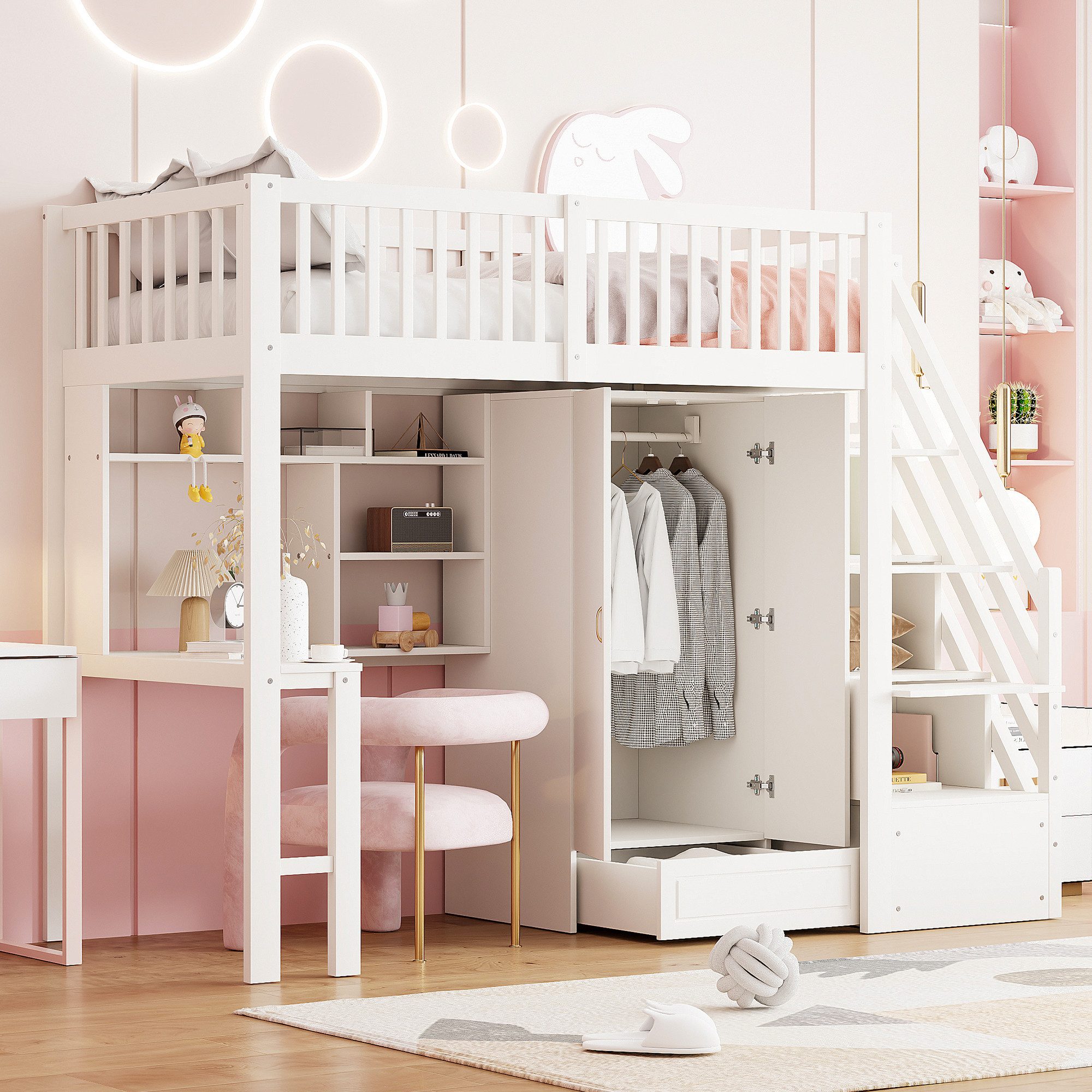 Merax Hochbett (Stauraumtreppe mit Schubladen, 1-St., Jugendbett Einzelbett Holzbett Etagenbett) Kieferholz Kinderbett 90x200cm mit großem Kleiderschrank,Regal & Tisch