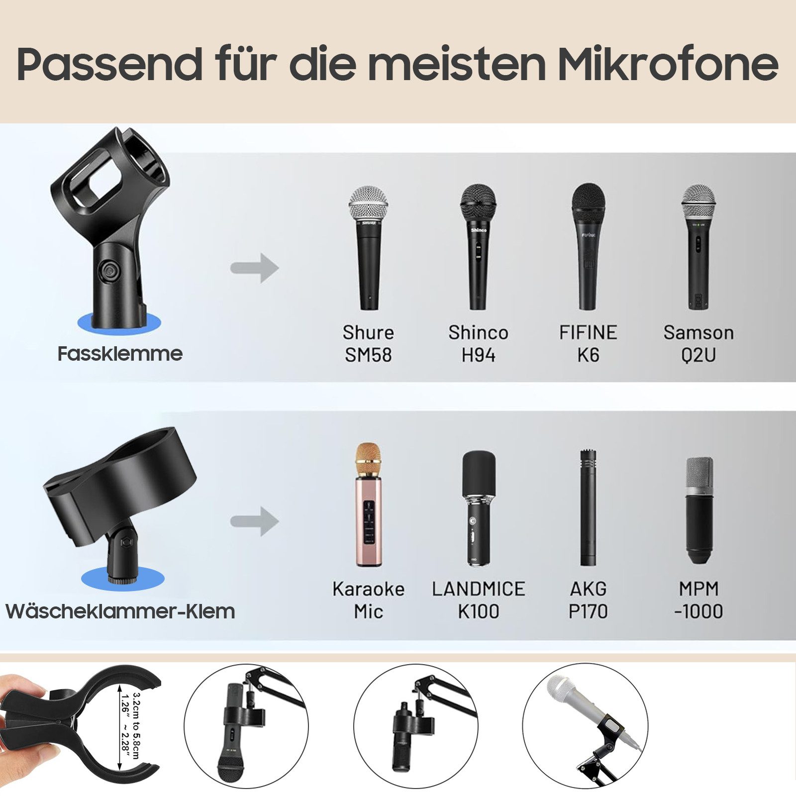 AIMAX Tablet-Halterung Handyhalterung mit Gelenkarm & Tischklemme für Smartphone & Table, (1 Doppelzug Halter (12-25cm), 2 Mikrofonclips (3-6cm + U-Klemme) – Bild 3 von 5