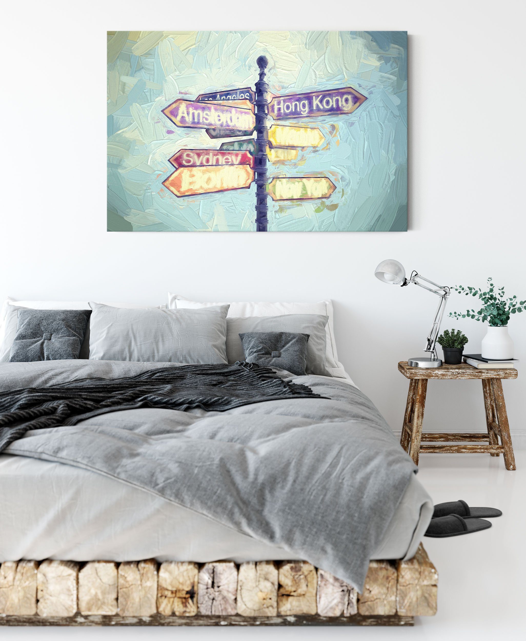 Pixxprint Leinwandbild Städte Wegweiser Kunst, Städte Wegweiser Kunst (1 St), Leinwandbild fertig bespannt, inkl. Zackenaufhänger