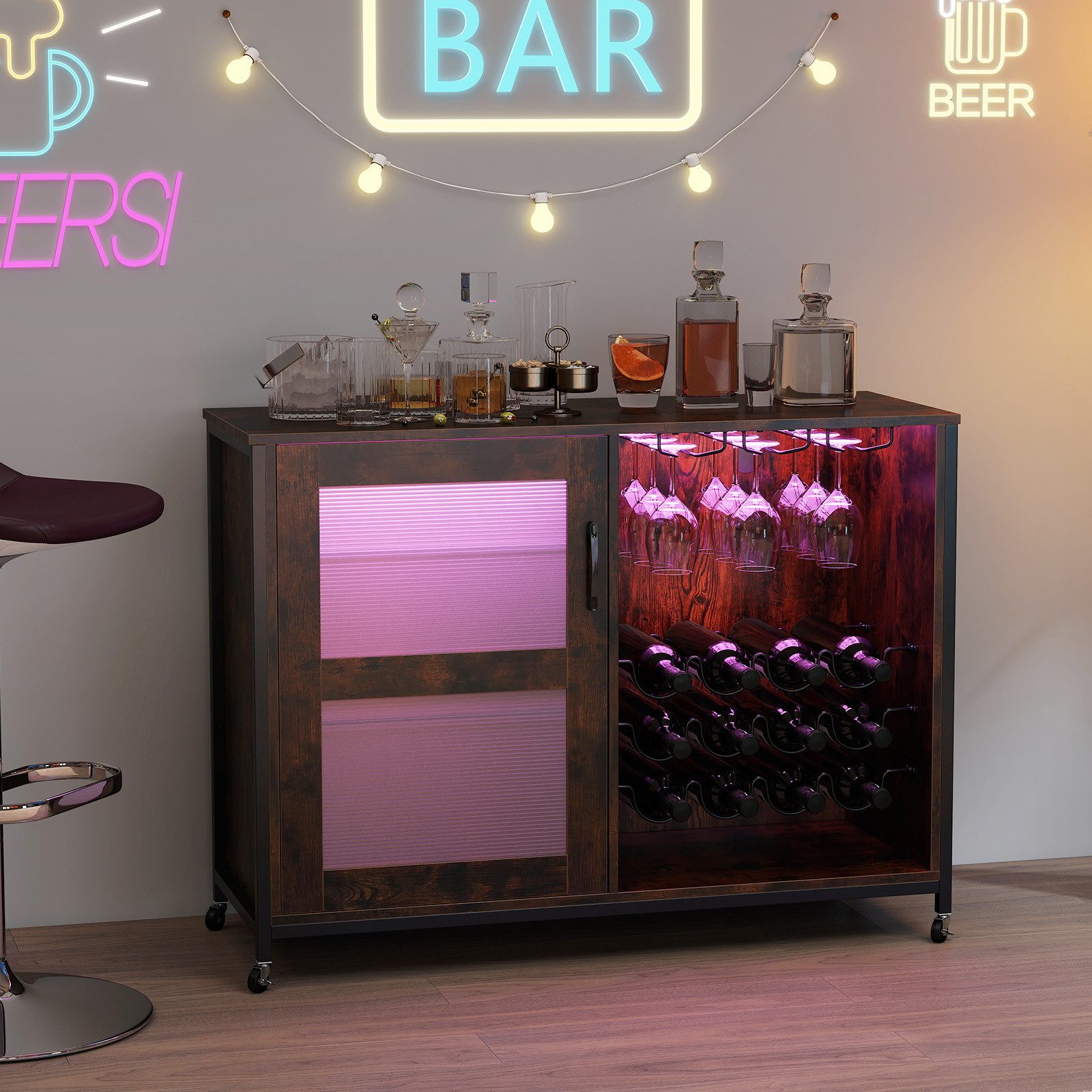 KOMFOTTEU Weinschrank Barschrank mit Beleuchtung, Rollen, Weinregal & Glashalter – Bild 3 von 5
