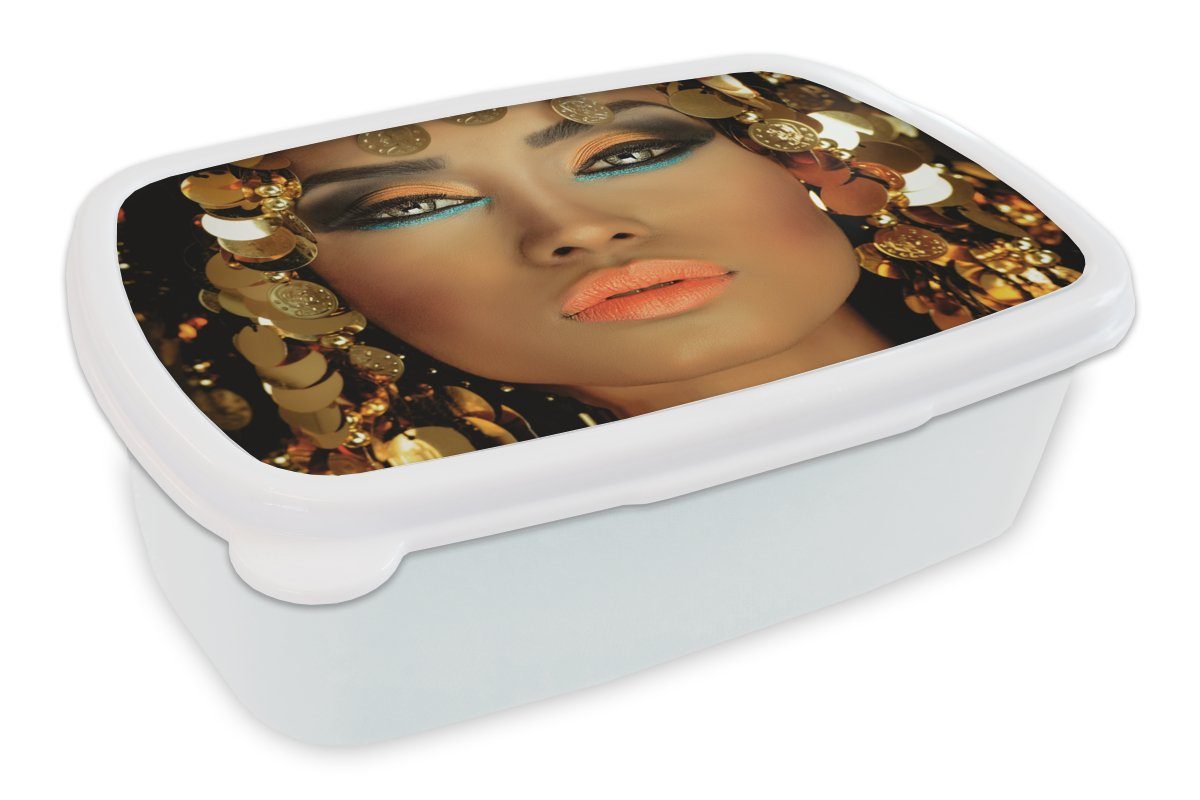 MuchoWow Lunchbox Frau - Kleopatra - Gold - Schmuck - Make-up - Luxus, Kunststoff, (2-tlg), Brotbox für Kinder und Erwachsene, Brotdose, für Jungs und Mädchen weiß