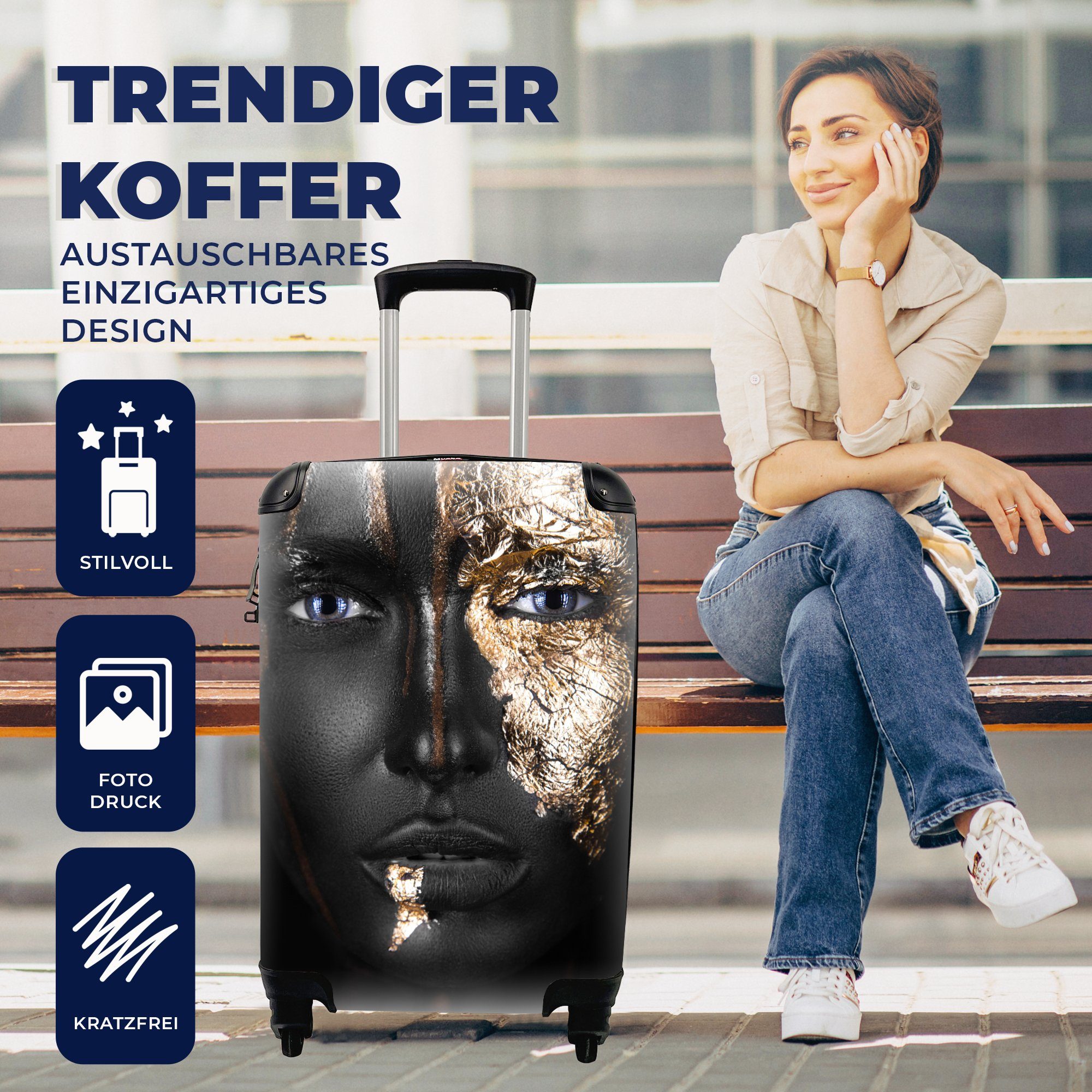 Handgepäck - mit für 4 Handgepäckkoffer Reisetasche Trolley, Frau Schwarz MuchoWow rollen, Rollen, und Ferien, Gold, Reisekoffer
