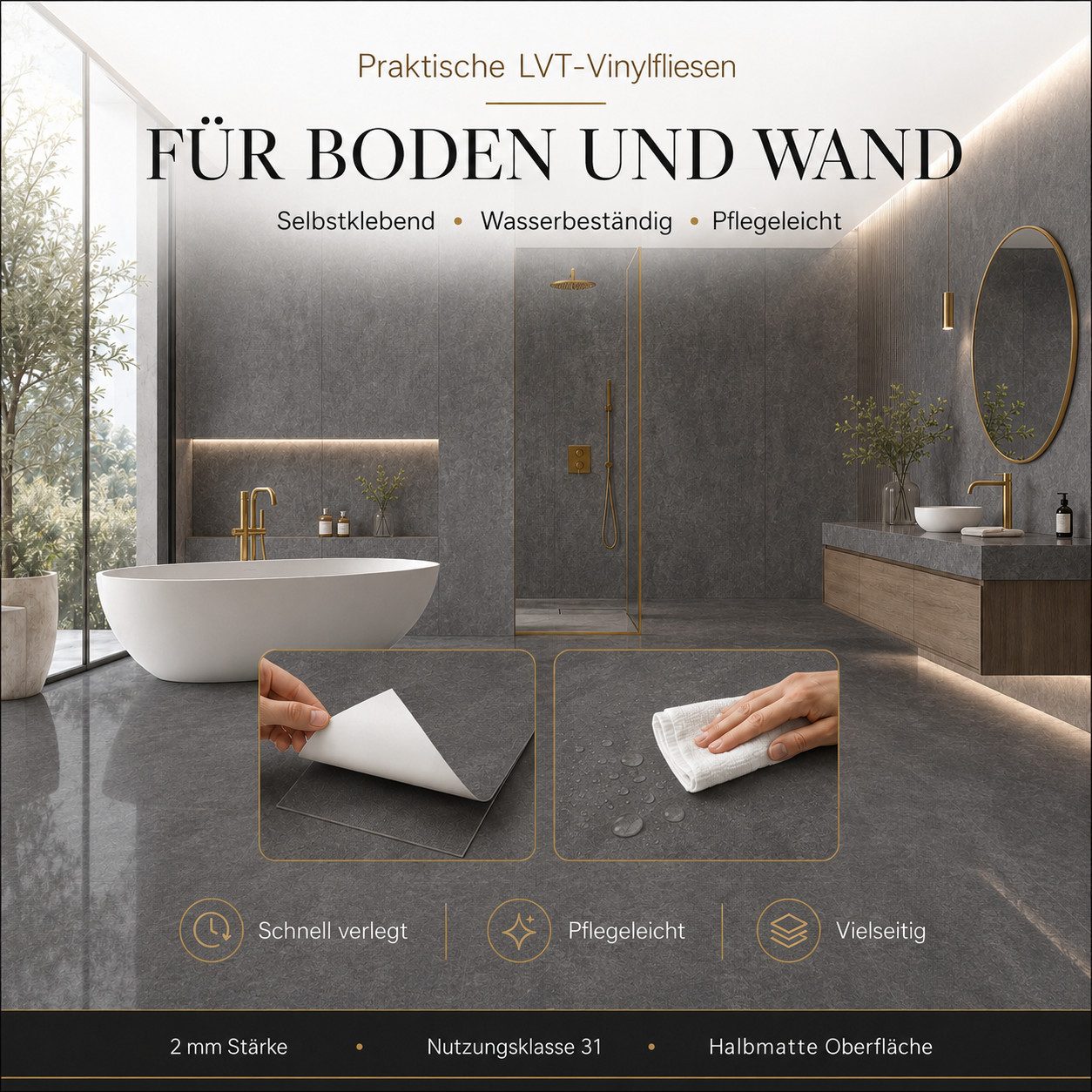 Berti Graf Designboden LVT Vinylboden selbstklebend 2 mm wasserfest in Marmor und Beton Optik, selbstklebend