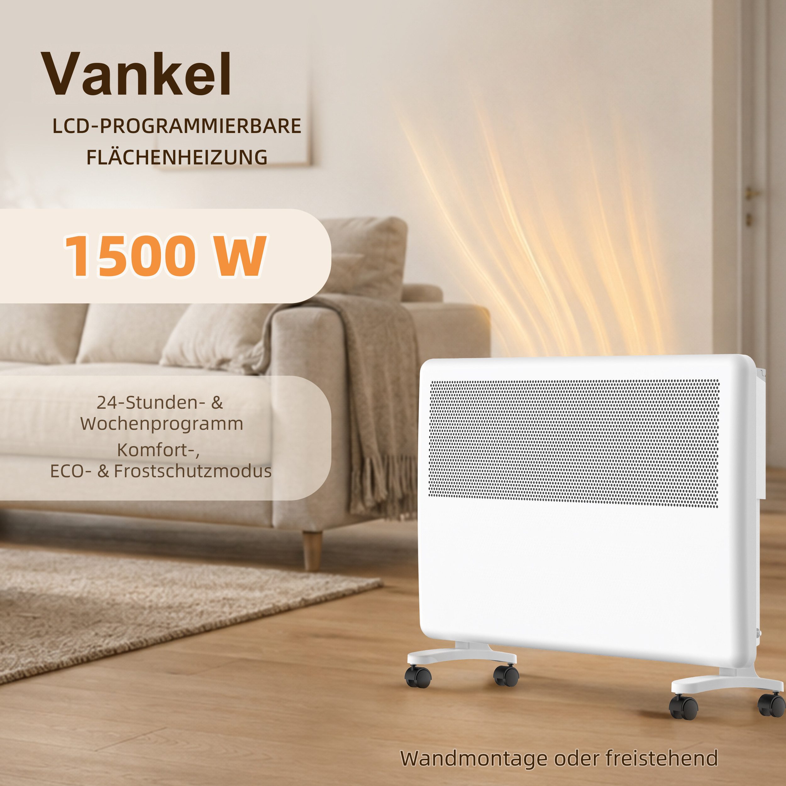 Vankel Konvektor EPC07B-15R, 1500 W, LCD, Wochentimer & Rollen, 1500 W, Stand- und Wandheizung mit Wochenprogramm und Fenstererkennung