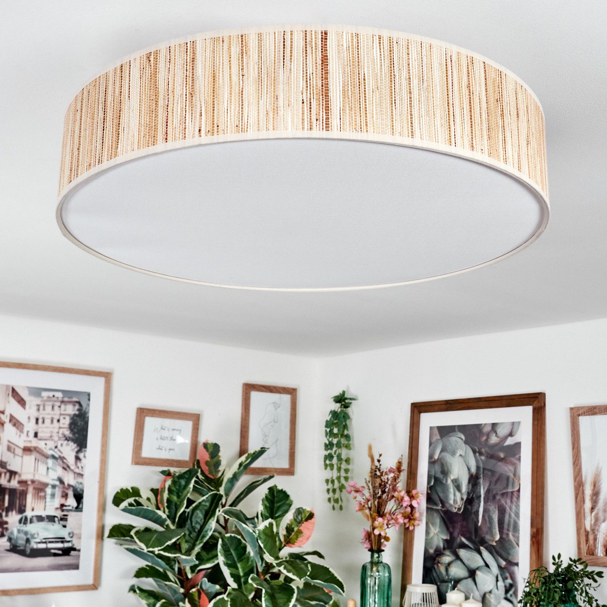 hofstein Deckenleuchte Deckenlampe aus Metall/Binsenstroh/Stoff/Kunststoff in Beige/Weiß, Deckenleuchte im modernen Boho-Design, Ø 60 cm, E27 – Bild 2 von 5