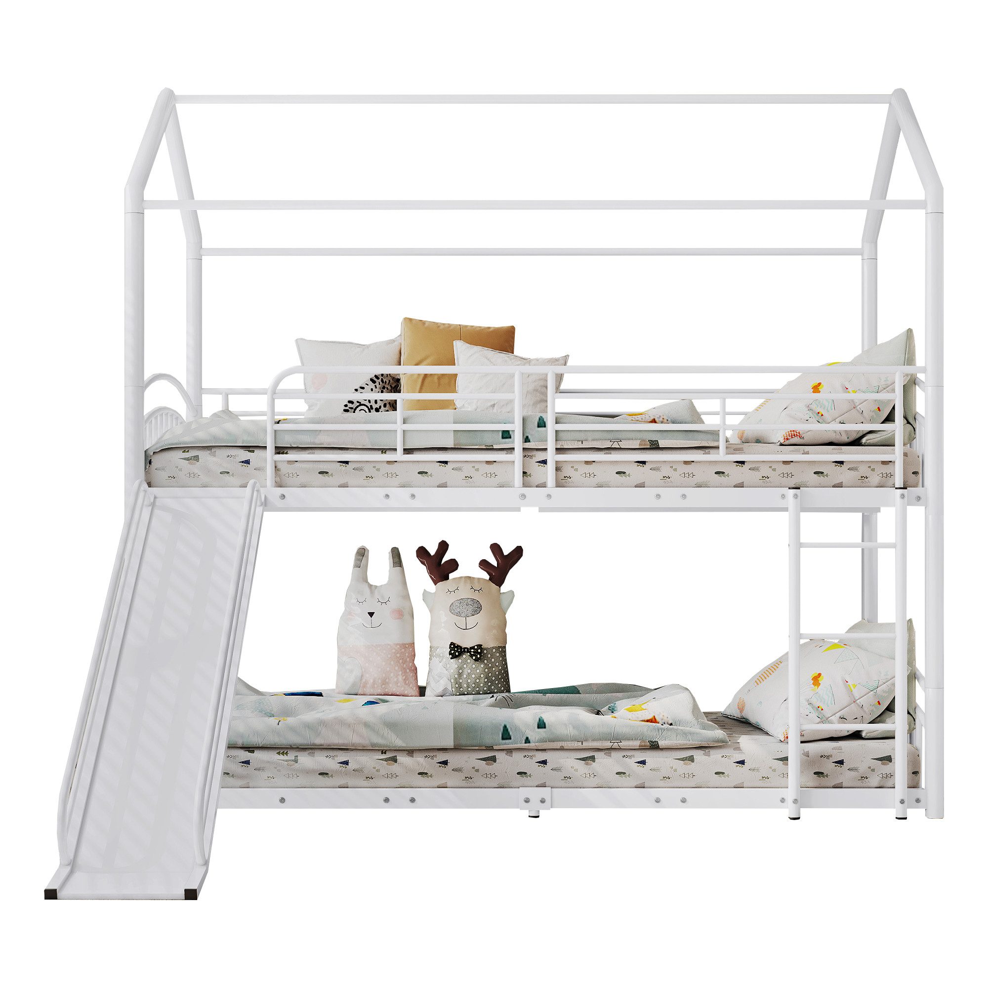 Flieks Etagenbett, Kinderbett Metallbett mit Leiter und Rutsche 90x200cm