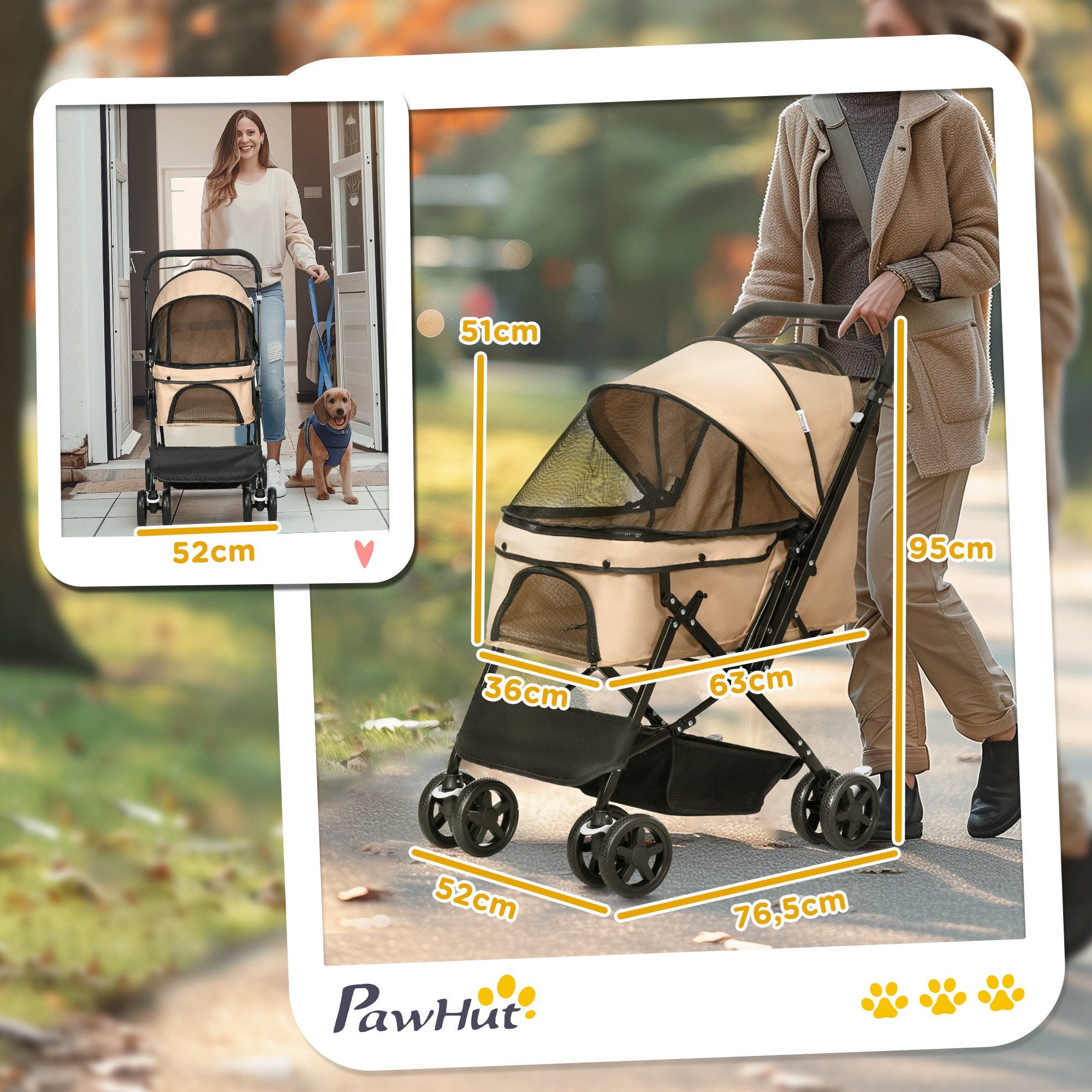 PawHut Hundebuggy Hundewagen Buggy Pet Stroller Oxford braun, (Haustierwagen, 1-tlg), für kleine Hunde und Katzen, Oxford Braun 76,5 x 52 x 95 cm – Bild 3 von 5