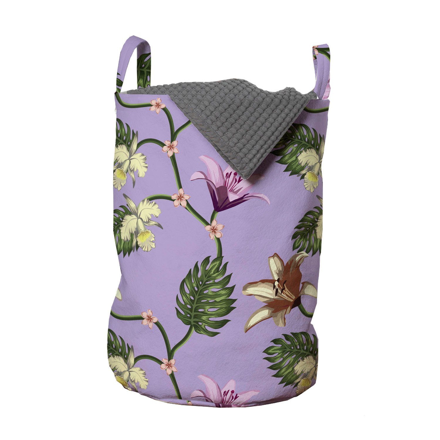 Abakuhaus Wäschesäckchen Wäschekorb mit Griffen Kordelzugverschluss für Waschsalons, Tropisch Exotische Lily und Hibiscus