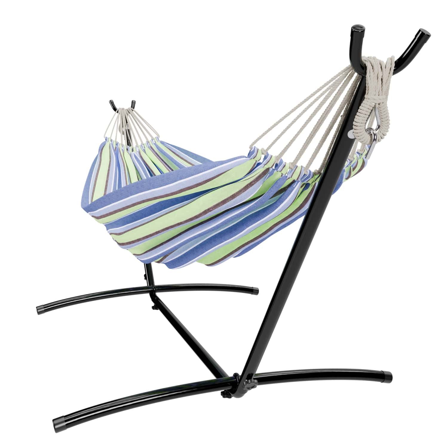 GARMIO Hängematte mit Gestell, 200kg Belastbarkeit, 270x110x105cm (inkl. Zubehör & Tragetasche, mit Kordeln, in Blau-Grün, mit Stahlgestell, klappbar), Pflegeleicht, 270 x 110 x 105cm