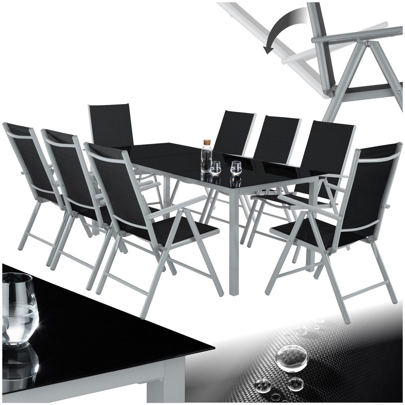 tectake Essgruppe Aluminium Sitzgruppe, (Set., 9-tlg), Klappbare, platzsparende und komfortable Sitzstühle