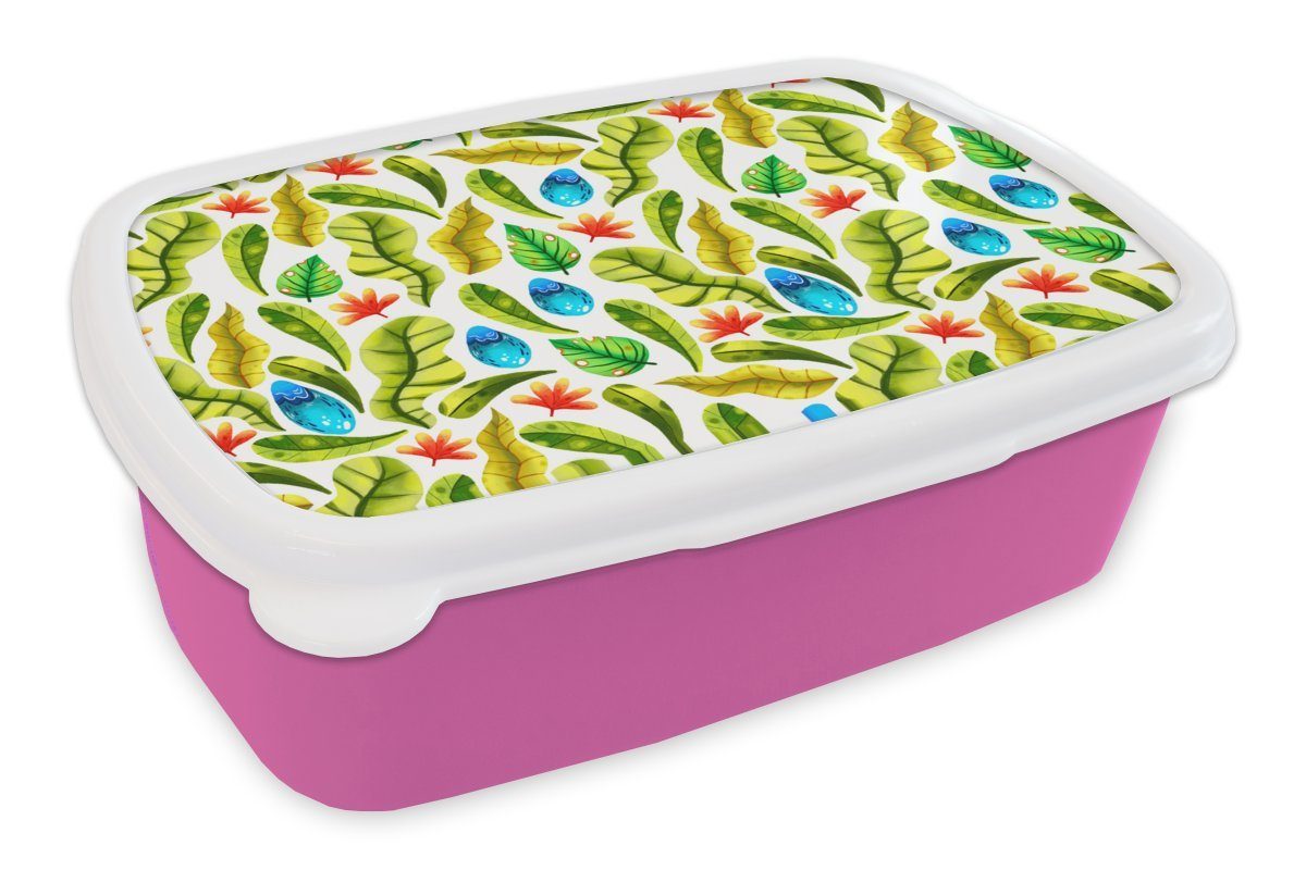 MuchoWow Lunchbox Dschungel - Design - Tropische Blätter, Kunststoff, (2-tlg), Brotbox für Erwachsene, Brotdose Kinder, Snackbox, Mädchen, Kunststoff rosa