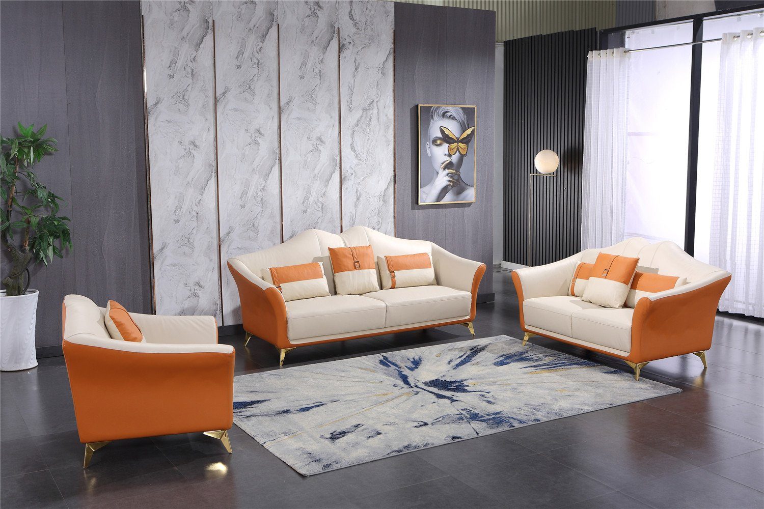 JVmoebel Sofa Orange-weiße Sofagarnitur 3+1+1 Sitzer Garnituren Moderne Sofas, Made in Europe