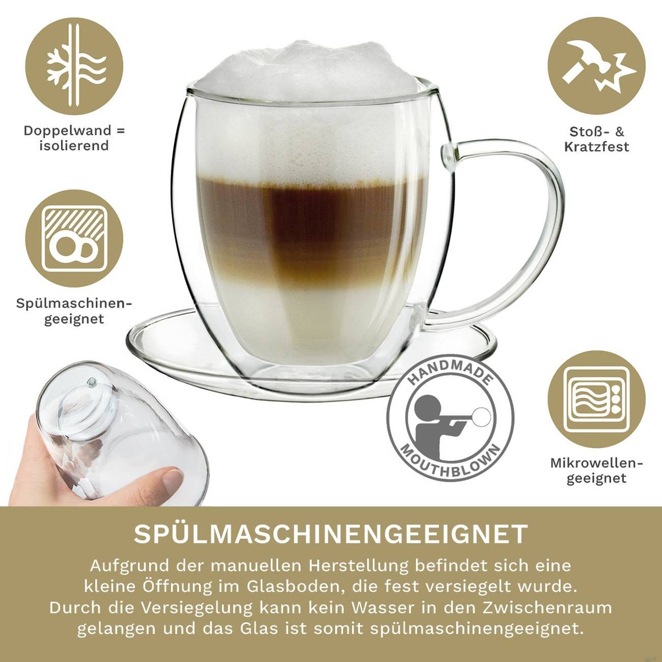 Creano Teeglas Thermo Tasse mit Untersetzer “bauchig” 400ml; einzel, 2-tlg., Borosilikatglas, 1 Tasse mit Untertasse