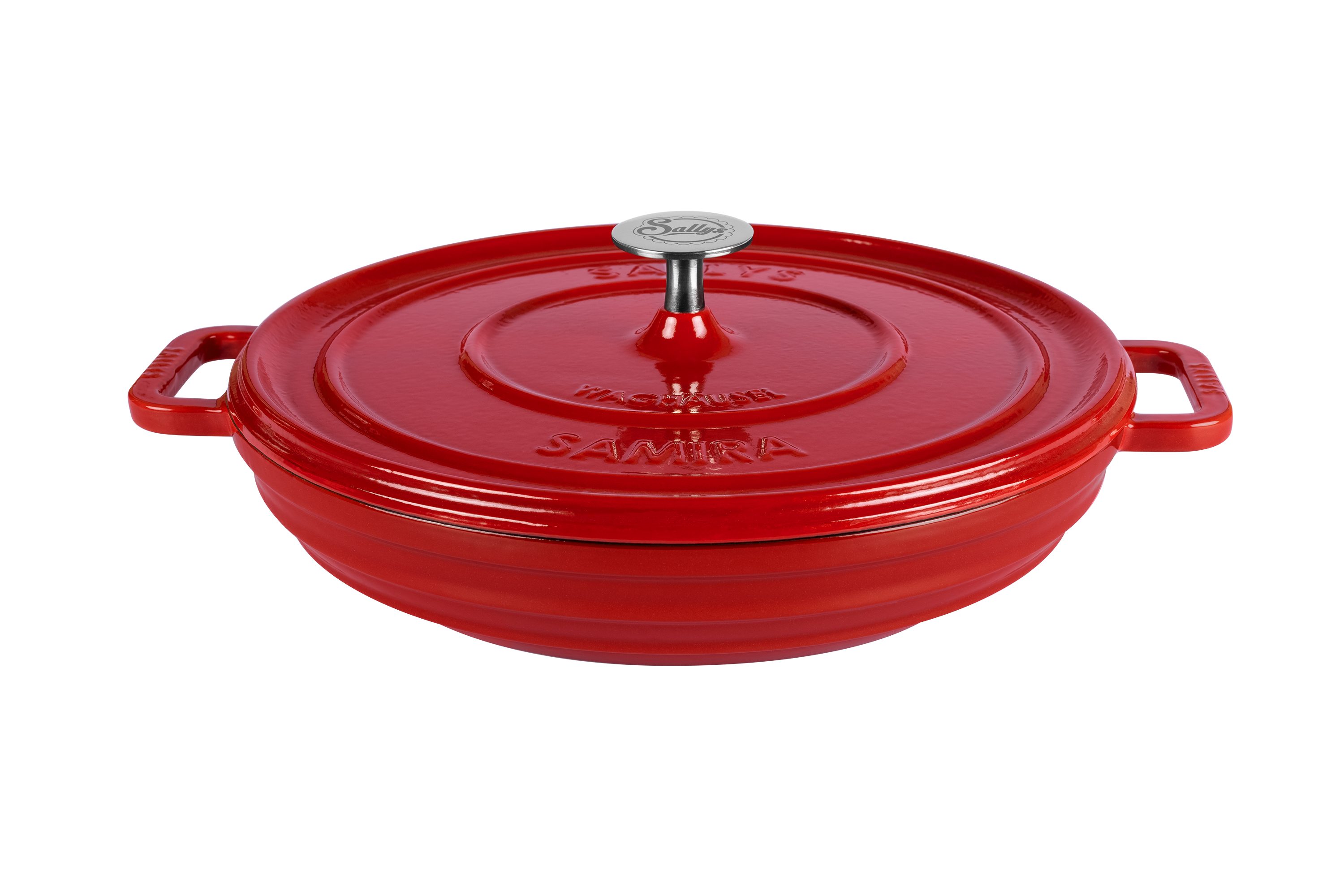 Sallys Schmortopf Hochwertiger Gusseisentopf Samira, 3L Bräter in Ø 32 cm, Vollgusseisen mit hochwertiger Emaille-Beschichtung (Schmortopf mit Deckel, flacher Bräter, gleichmäßige Wärmeverteilung, ofenfest bis 250 °C), ideal zum Schmoren, Braten & Backen