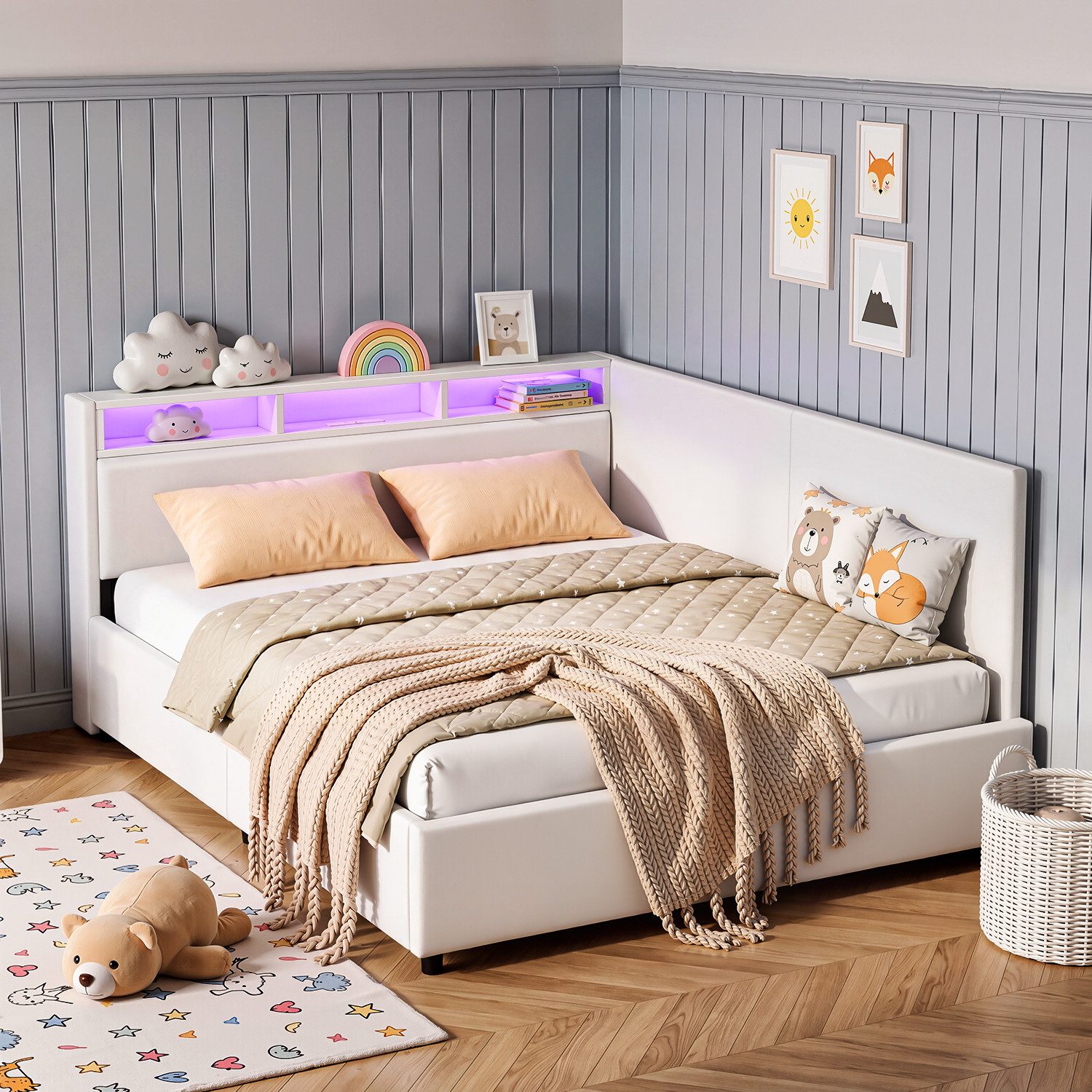 oyajia Polsterbett Daybett Tagesbett Jugendbett (Mit USB & TYPE-C, Hydraulisch hebbarer Stauraum), Schlafsofa, Mit LED-Beleuchtung, …