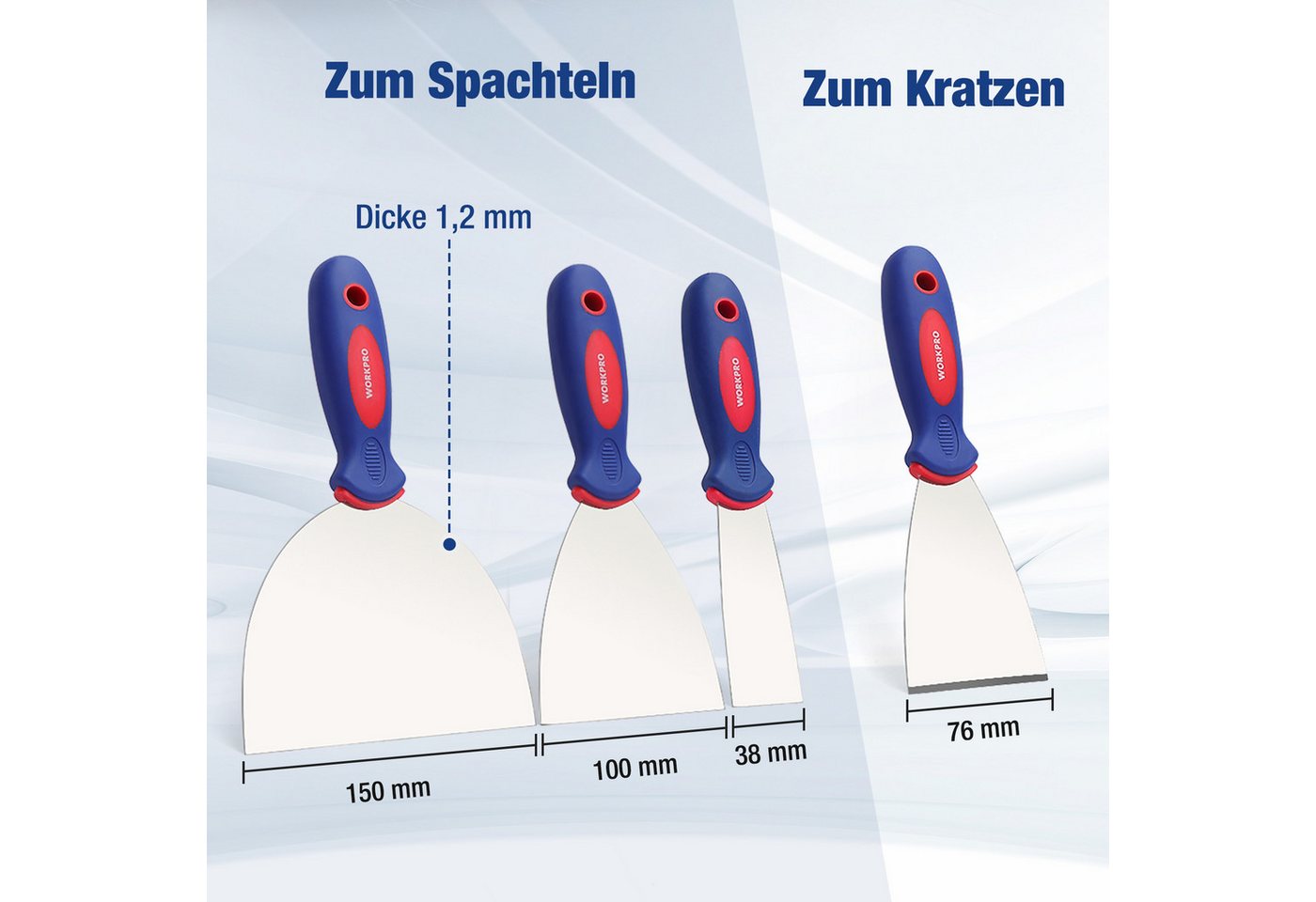 Thumbnail - WorkPro Malerspachtel Spachtel Set 4-teiliges Set aus rostfreiem Edelstahl (4-St) mit Kunststoffgriff, 3 flexiblen Kling...