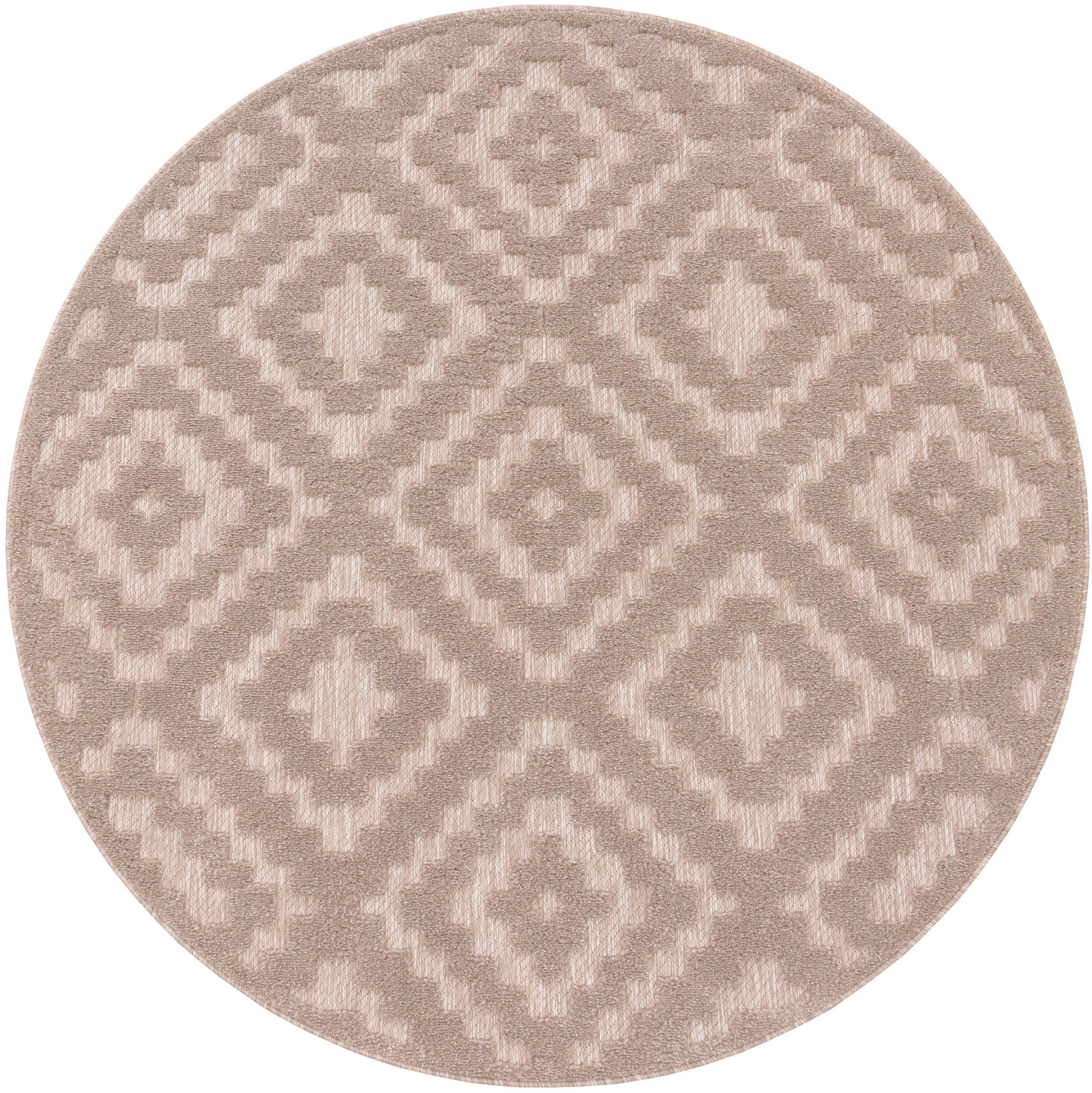 Teppich Livorno 672, Paco Home, rund, Höhe: 14 mm, Uni-Farben, Scandi, Rauten Muster, Hoch-Tief Effekt, Outdoor geeignet beige