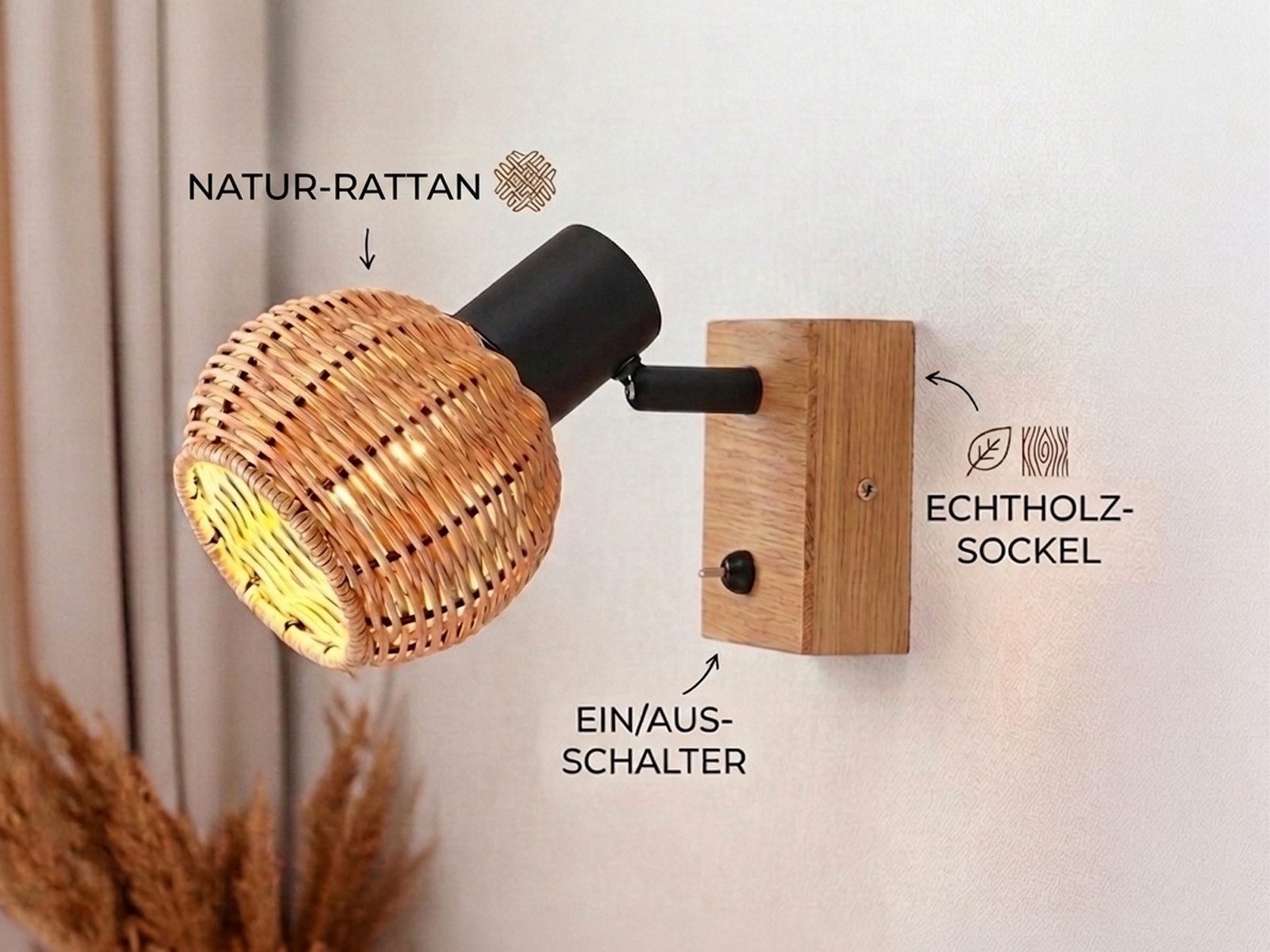 meineWunschleuchte Wandstrahler Rattanlampe mit Holz & Schalter, ohne Leuchtmittel, innen Wand-Lampe, Nachttischlampe Bett, Wandleuchte skandinavisch – Bild 3 von 5