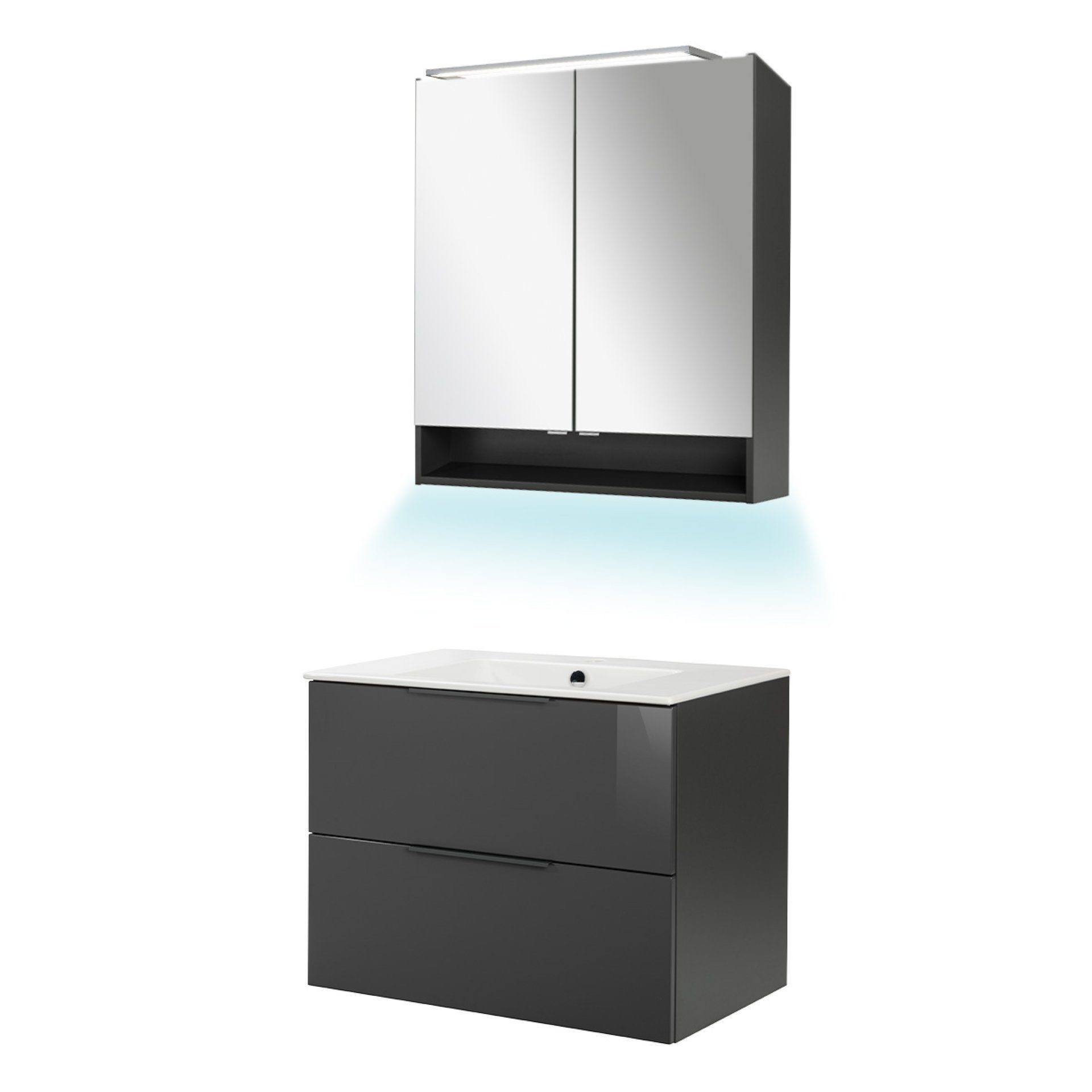 FACKELMANN Badmöbel-Set LUNA Badmöbel Set 4-teilig, 80 cm breit, Keramik, LED Spiegelschrank